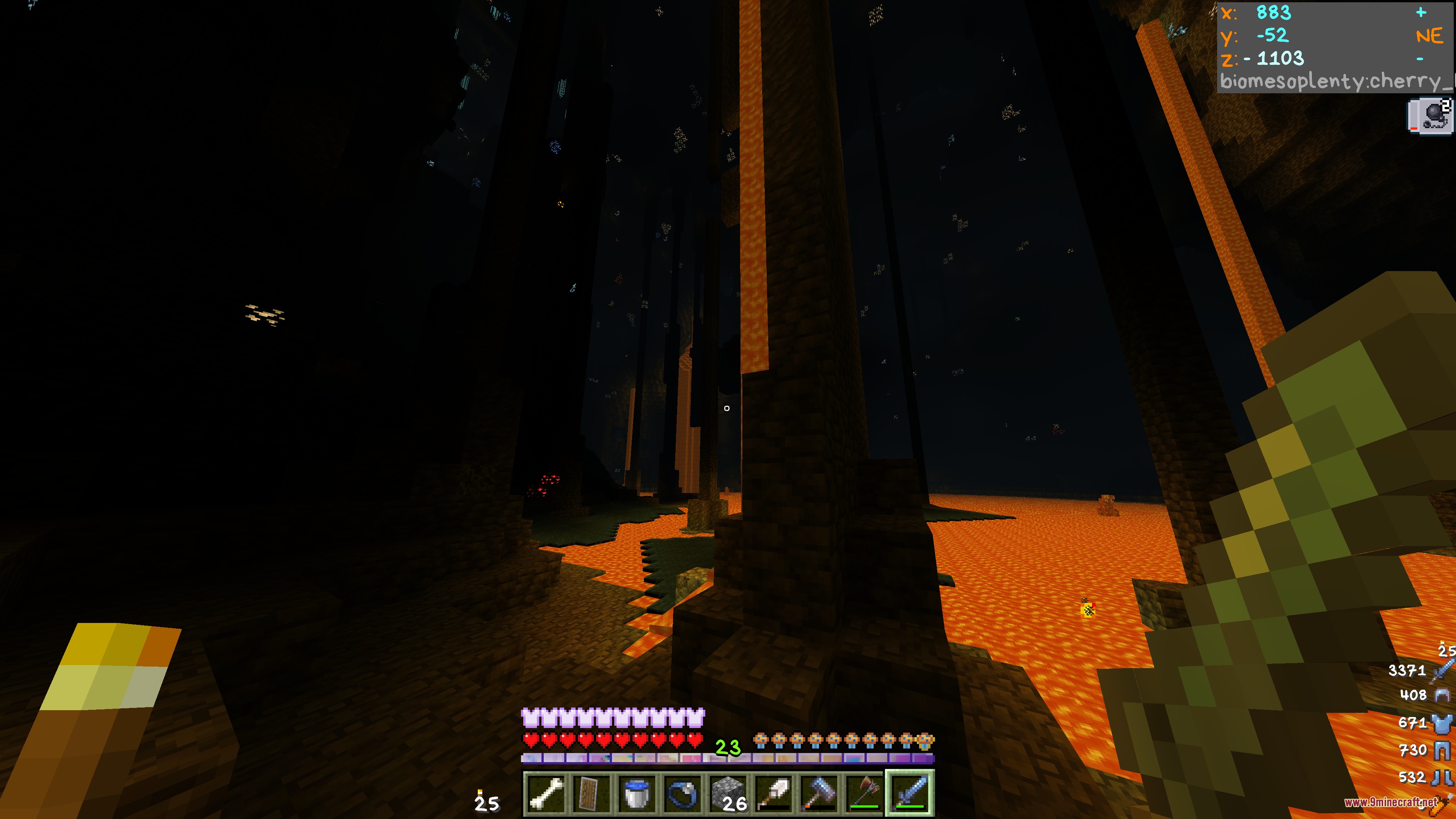 DO NOT DISABLE Resource Pack Screenshot 3 Player holding a sword explores a dark forest with glowing lava and tall trees
