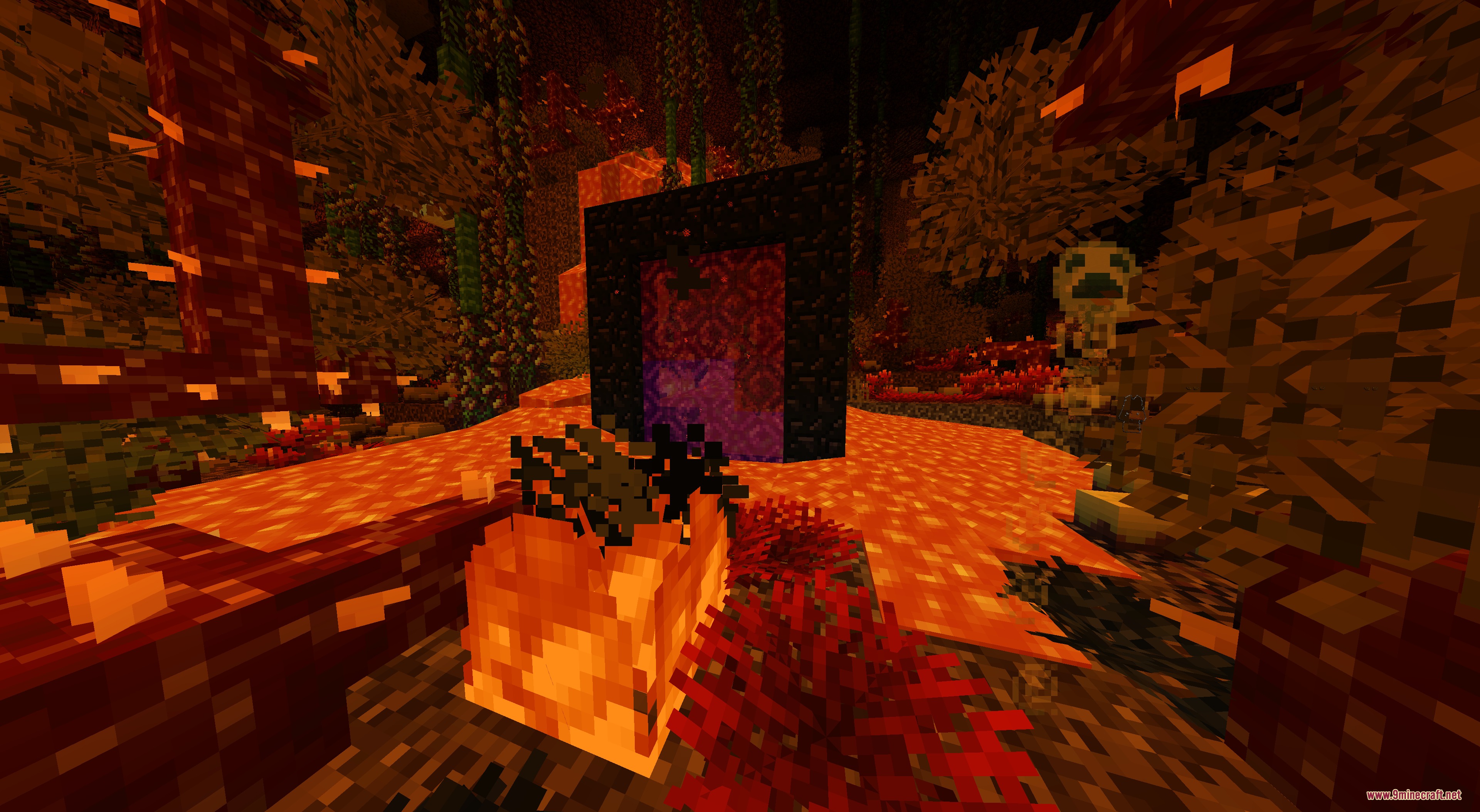 DO NOT DISABLE Resource Pack Screenshot 4 A Nether portal stands in a fiery landscape filled with red plants and lava