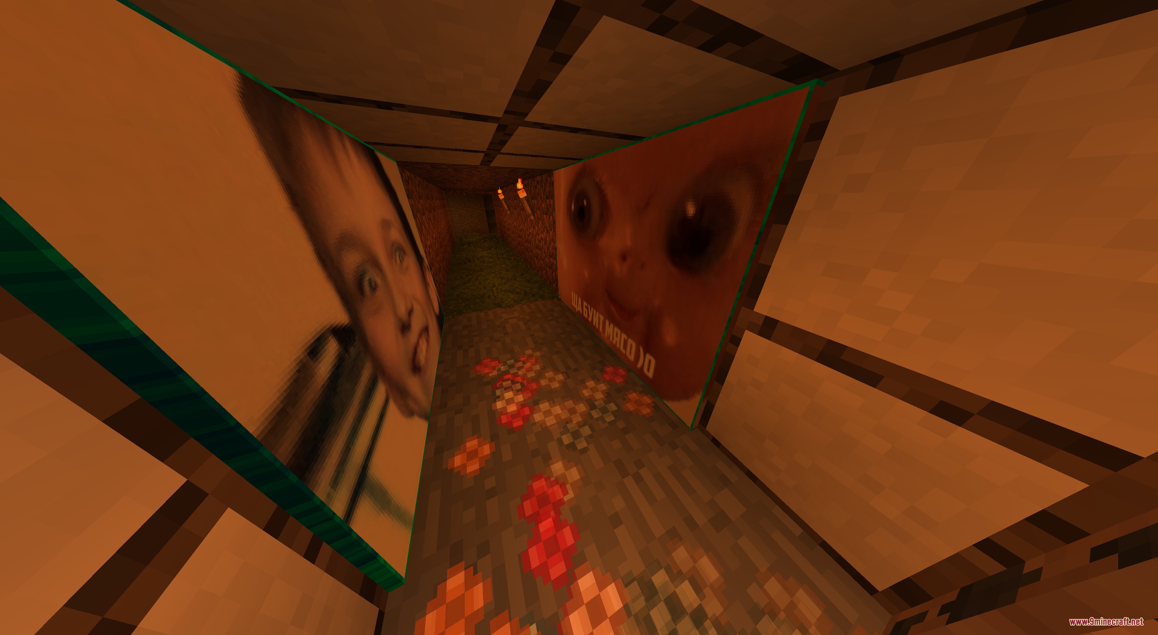 DO NOT DISABLE Resource Pack Screenshot 5 A narrow hallway decorated with creepy custom paintings and scattered red flowers