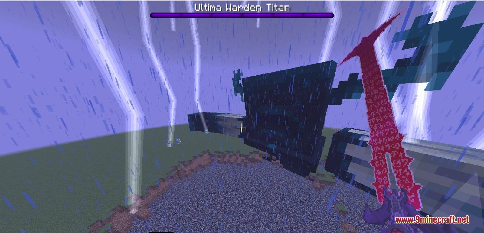 DOOM the Titans Mod Screenshot 3 Player fighting the giant Ultima Warden Titan boss with the red Crucible sword