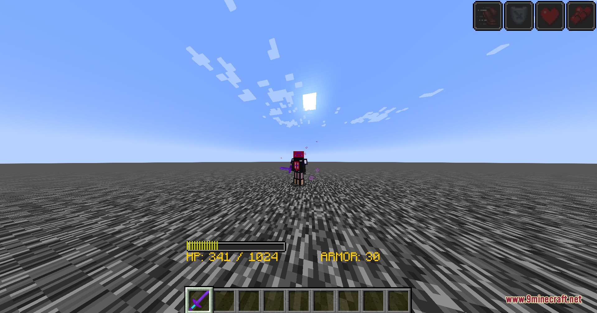 DOOM the Titans Mod Screenshot 4 Player wearing the Praetor Suit with a custom health bar on bedrock floor