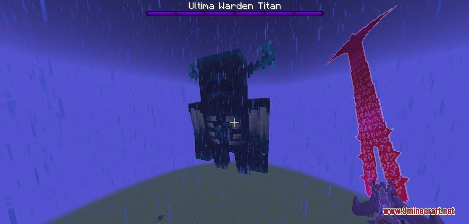 DOOM the Titans Mod Screenshot 7 Player holding a glowing red sword faces the giant Ultima Warden Titan boss