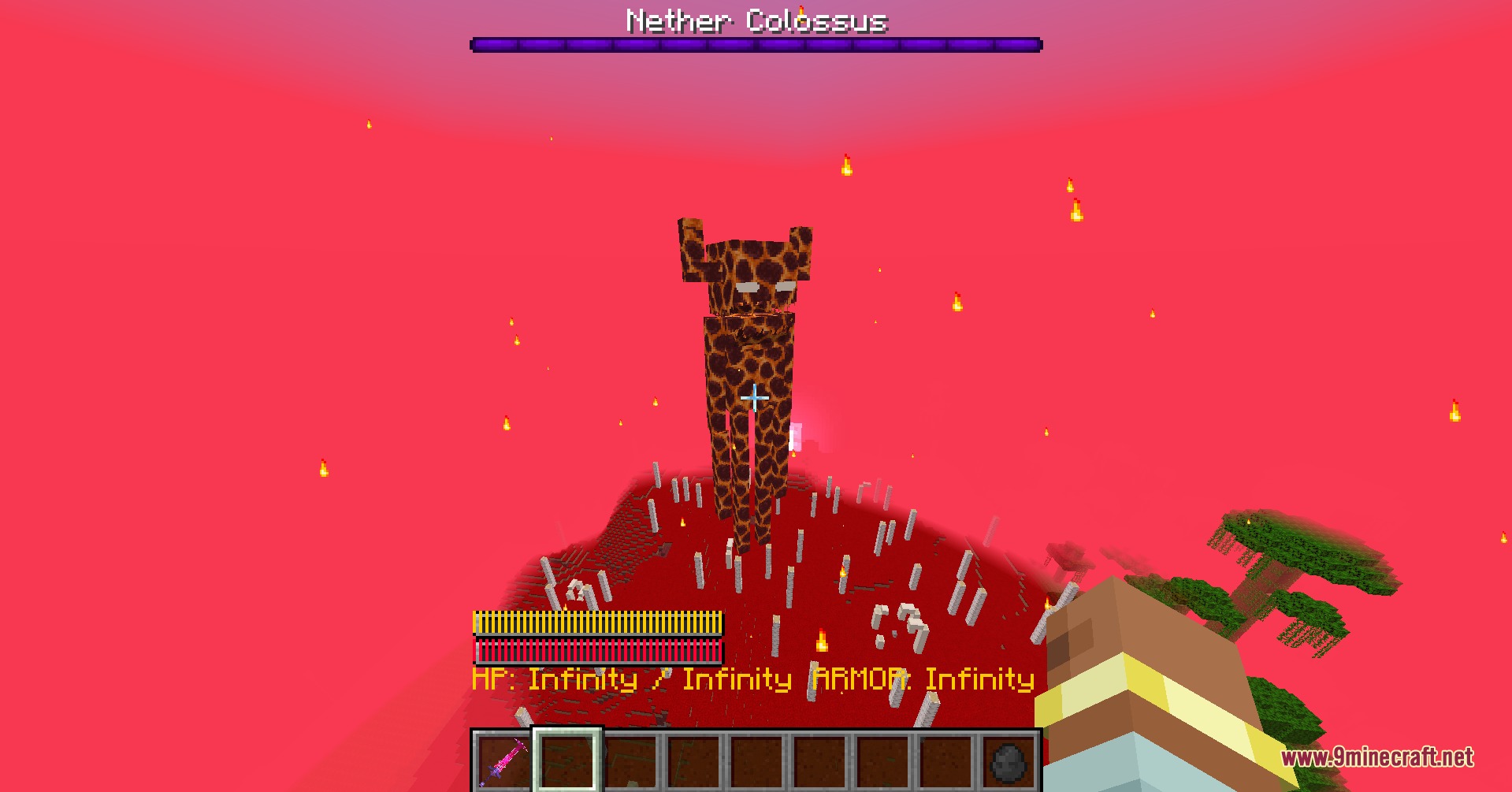 DOOM the Titans Mod Screenshot 8 Player with infinite health faces the massive Nether Colossus in a red world