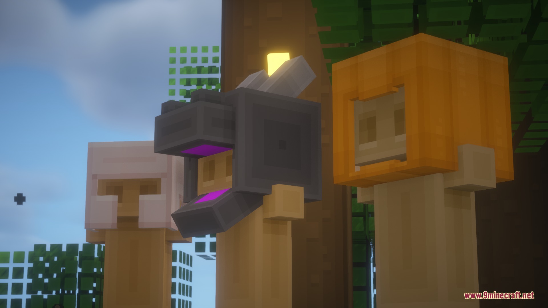 Armor stands displaying a dragon head and a carved pumpkin head