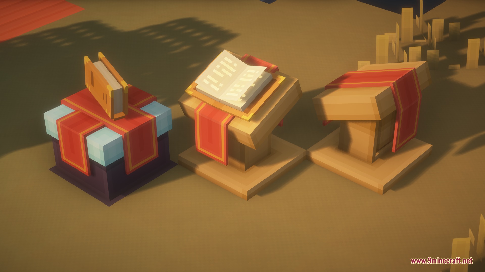 Detailed wooden lecterns and enchanting tables featuring bright red decorative cloths