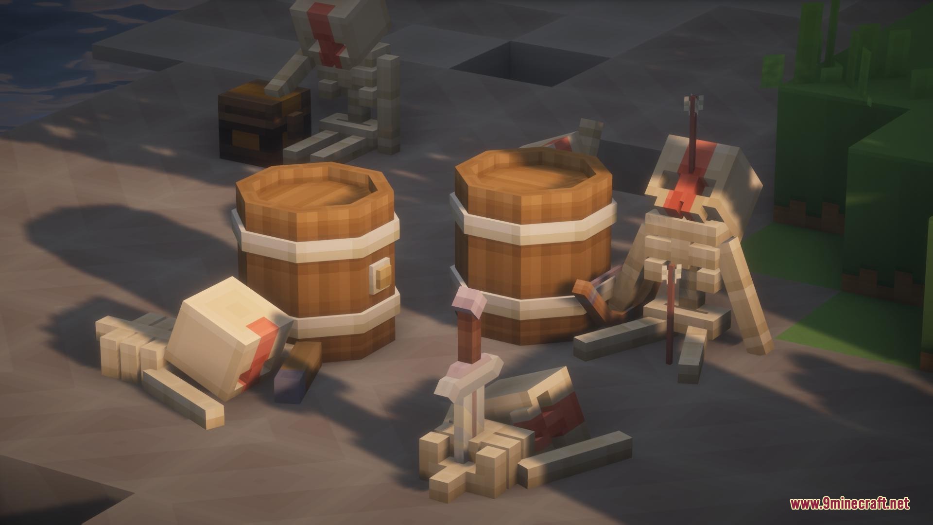 Skeletons lying near wooden barrels and a sword stuck in the ground