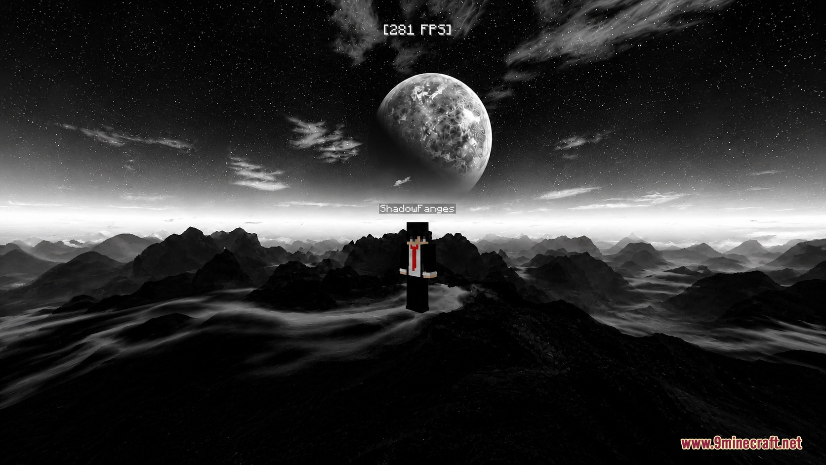Dark Anime Sky Resource Pack Screenshot 1 A character stands in a dark mountain landscape under a massive moon
