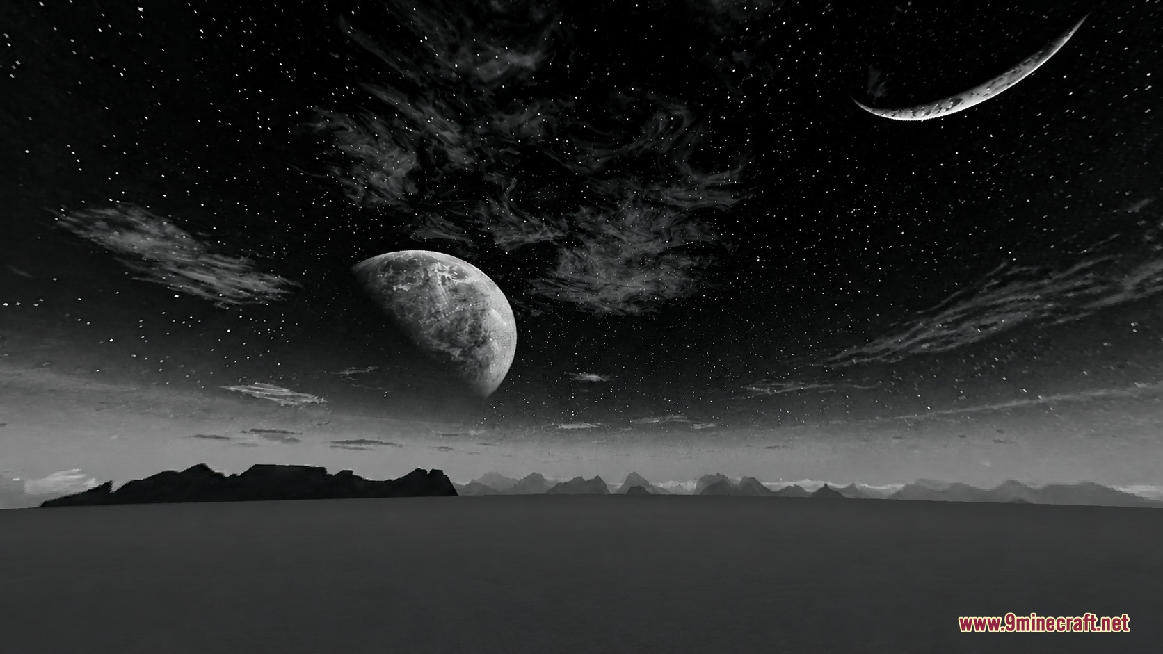 Dark Anime Sky Resource Pack Screenshot 3 A dark anime night sky featuring two moons and distant mountain silhouettes