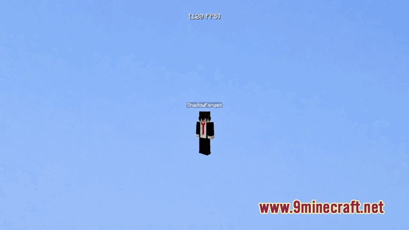 Dark Anime Sky Resource Pack Screenshot 4 A Minecraft player character wearing a suit floating in a clear blue sky