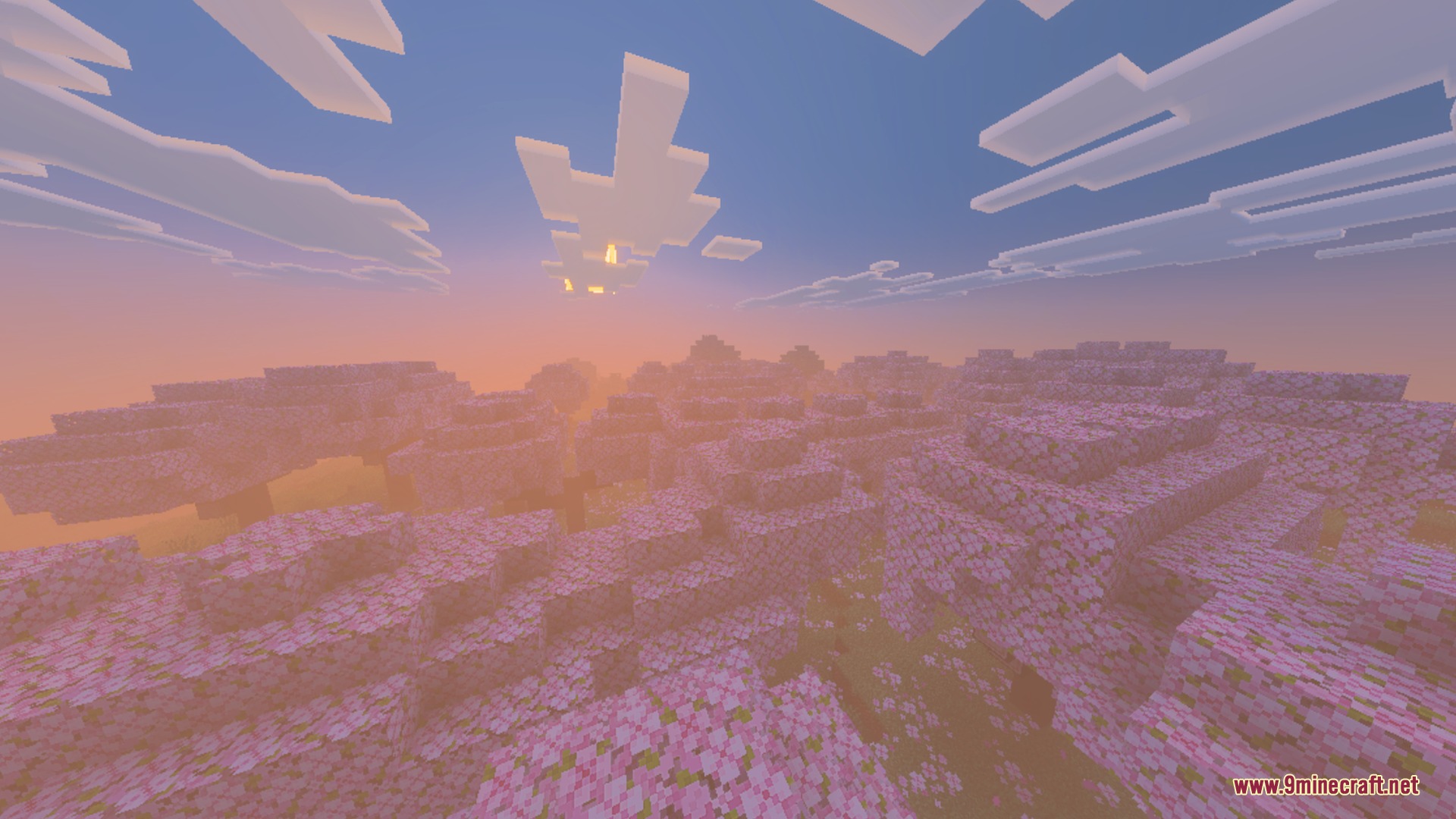 Dark Birch Shader Screenshot 2 Pink cherry blossom trees under a warm sunset sky with blocky clouds