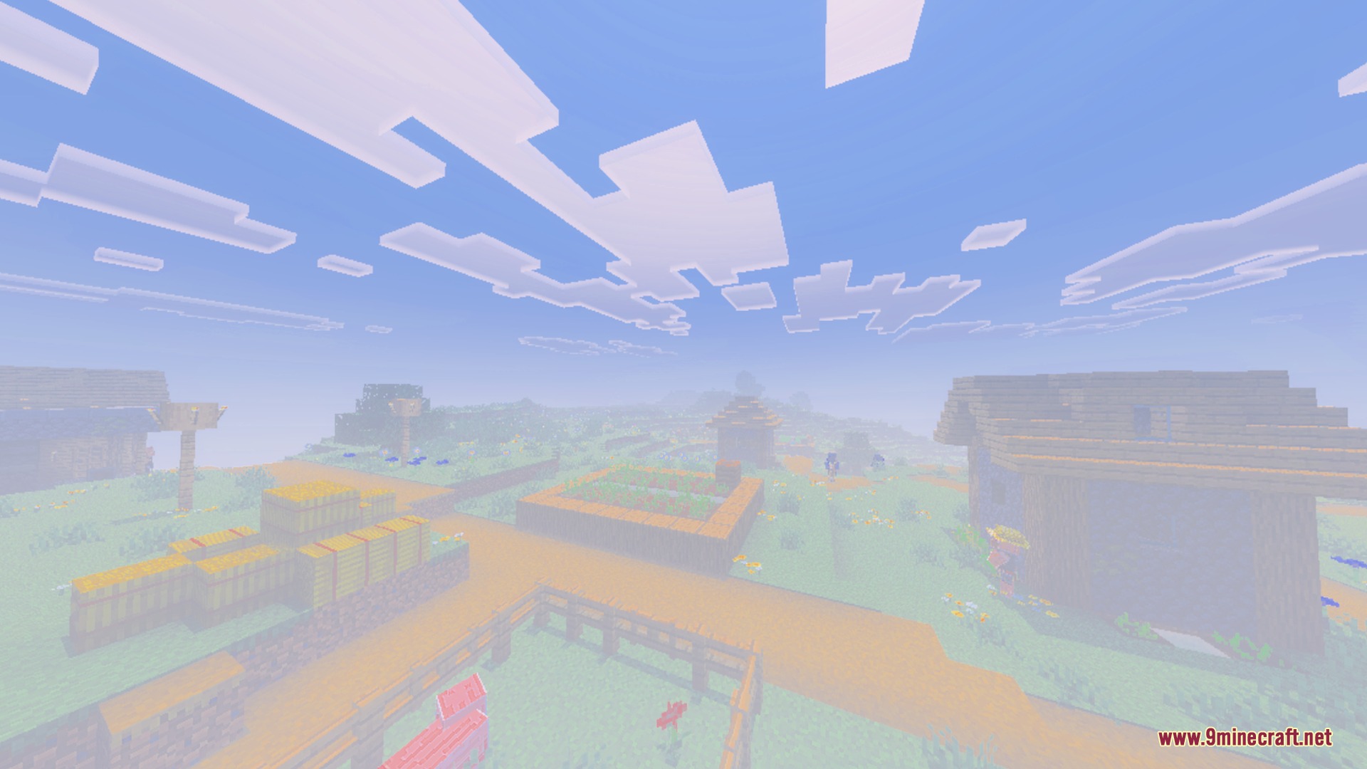 Dark Birch Shader Screenshot 5 Thick white fog covers a Minecraft village with hay bales and farms