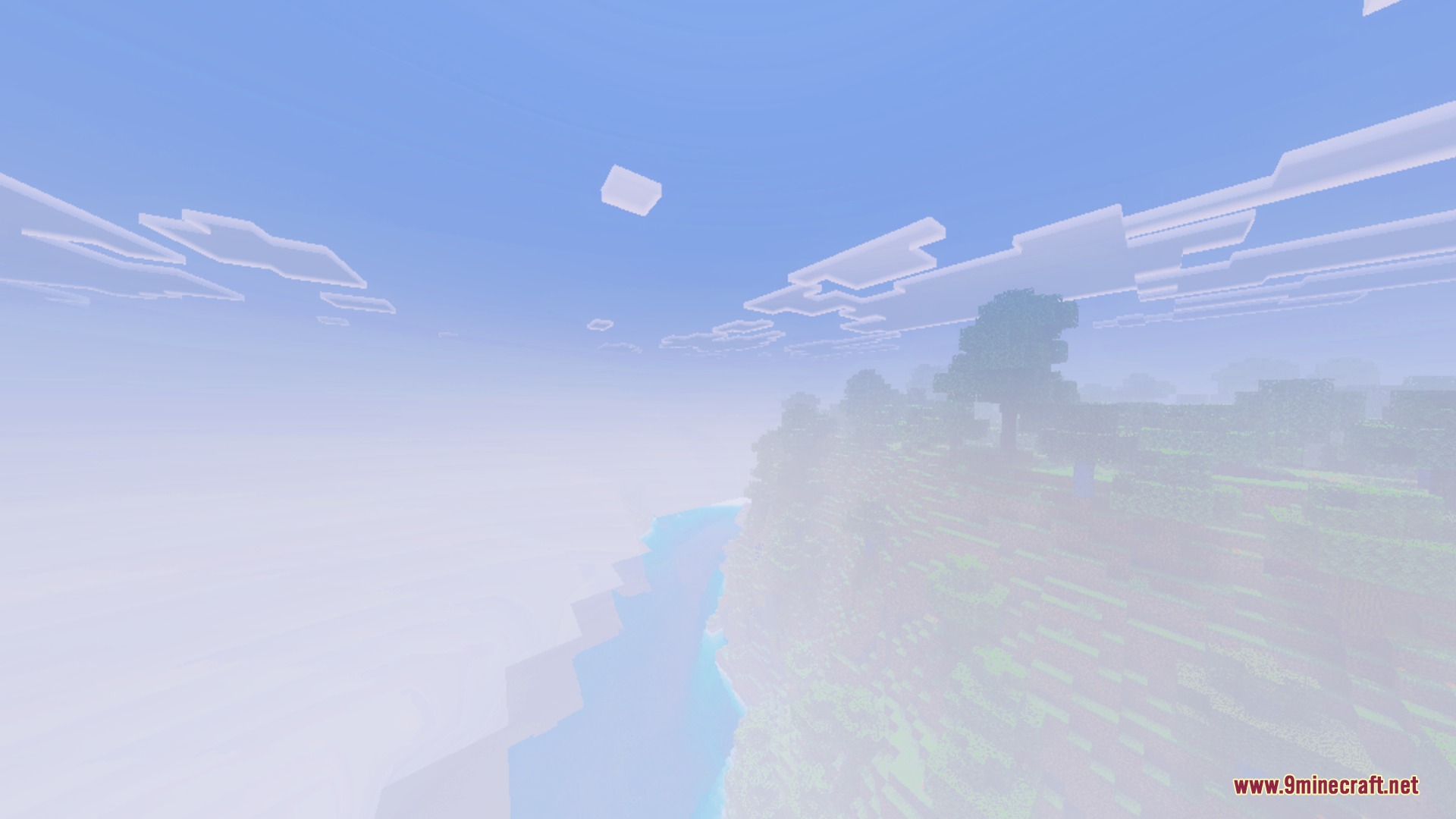 Dark Birch Shader Screenshot 6 Dense mist obscures a forest cliffside and water in a Minecraft world