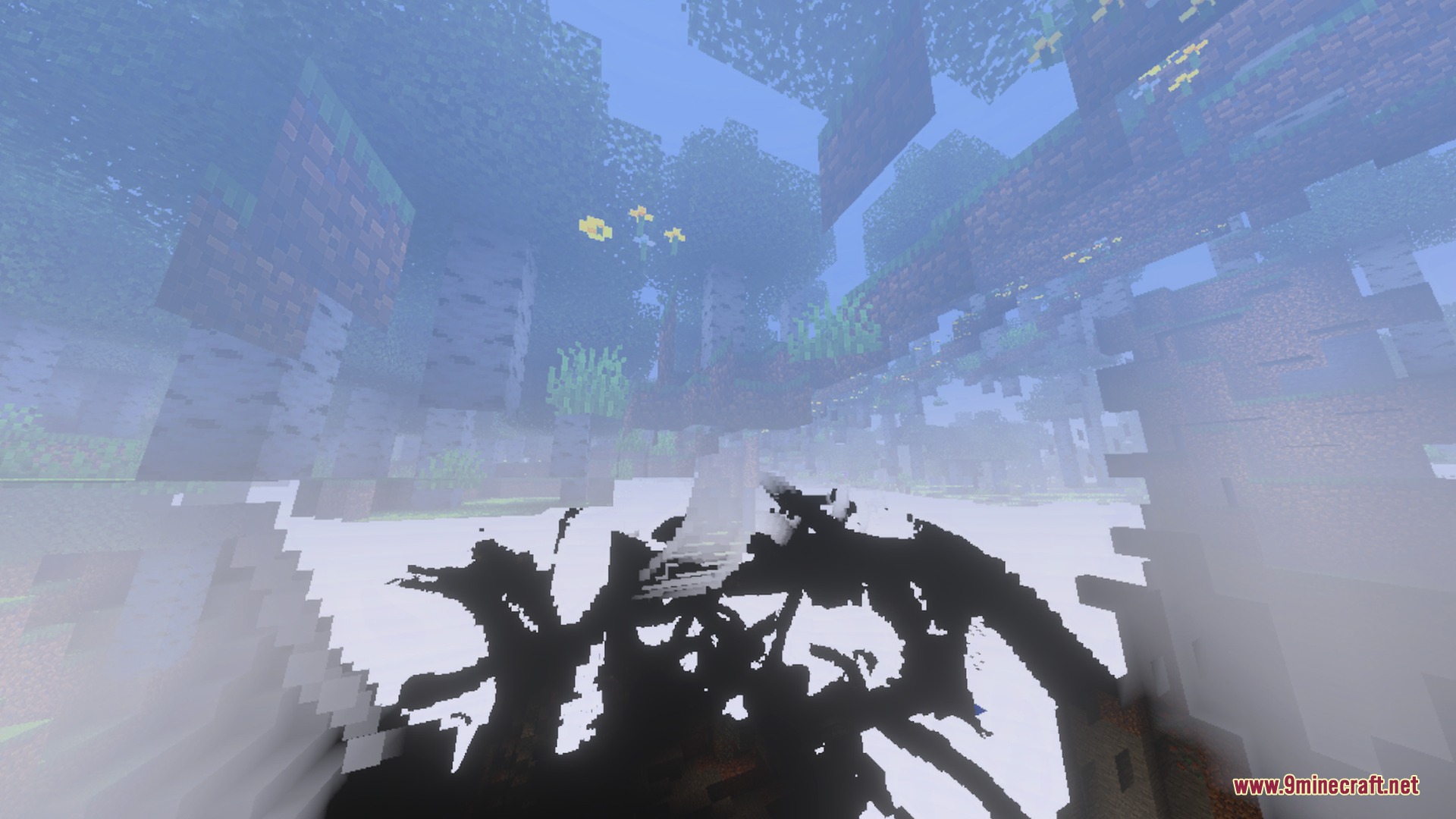 Dark Birch Shader Screenshot 7 Dense birch forest covered in thick white fog with eerie dark ground shadows