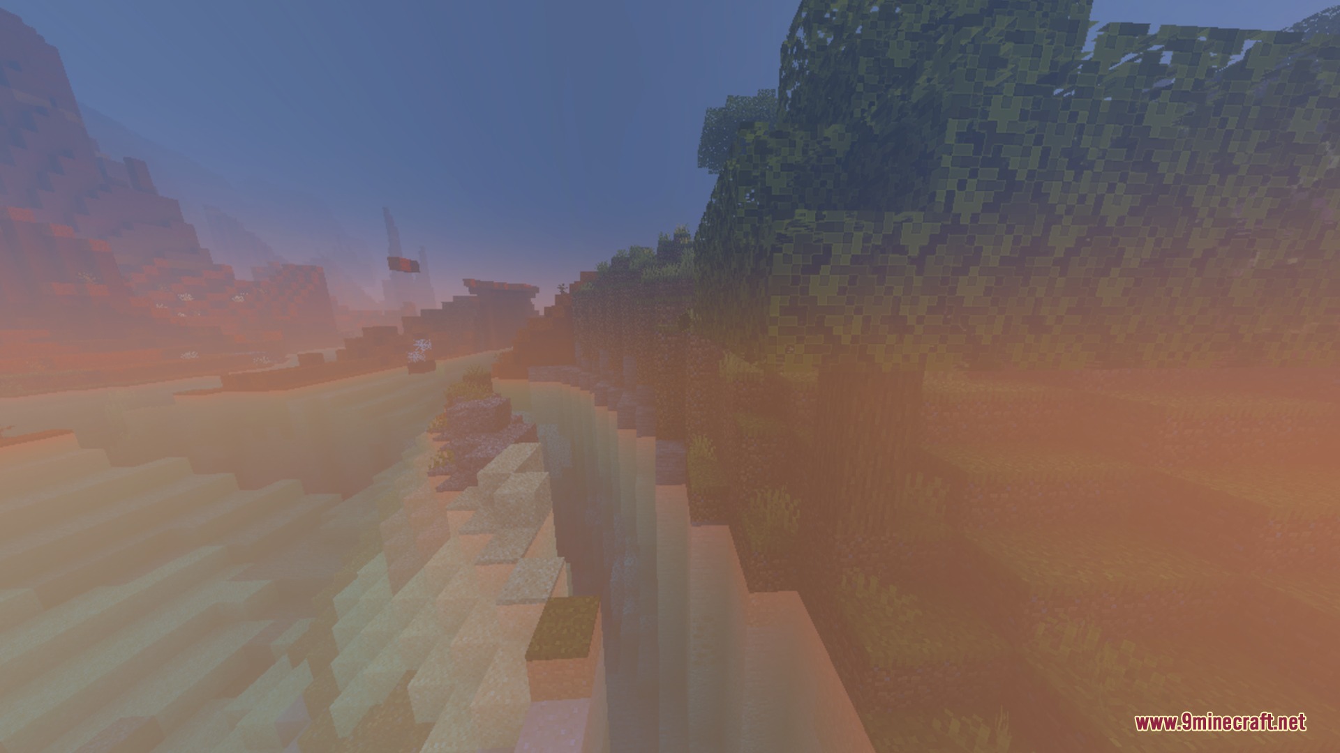 Dark Birch Shader Screenshot 8 River valley landscape obscured by thick orange haze and gloomy horror style lighting
