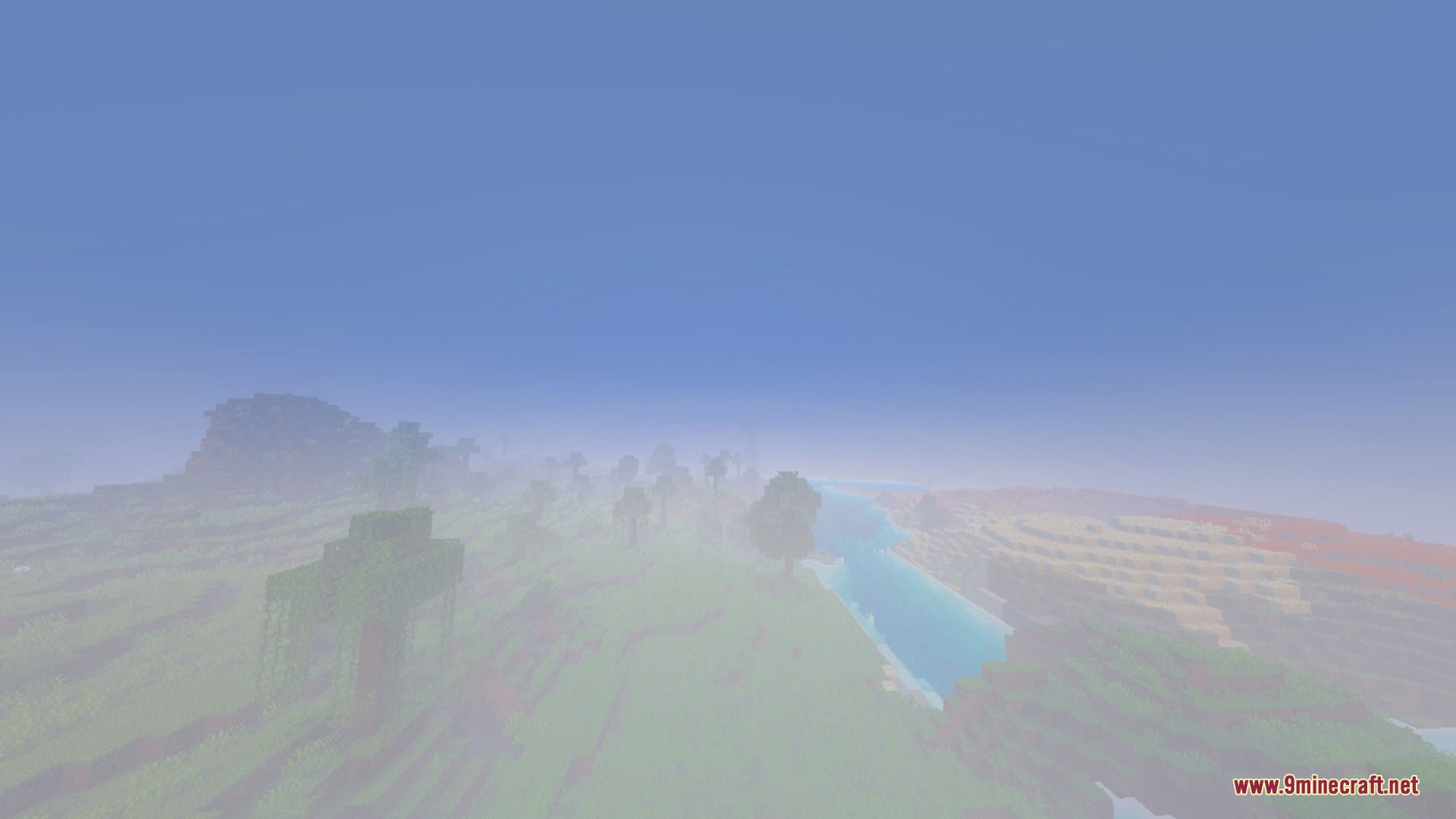 Dark Birch Shader Screenshot 9 A foggy Minecraft landscape with a river and distant trees under gloomy skies
