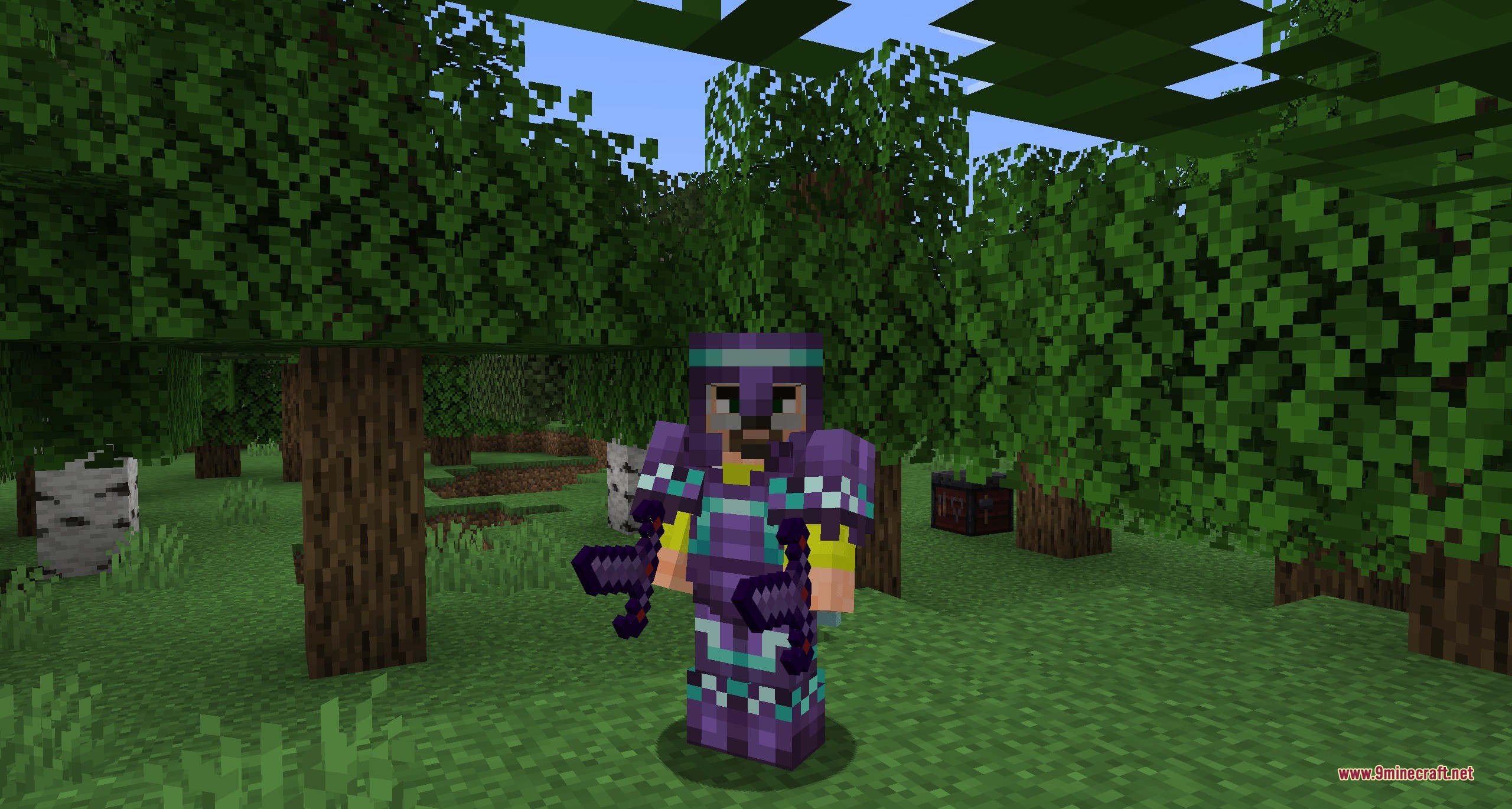 Dark Blades Armor Trims Data Pack Screenshot 1 A Minecraft player wearing purple armor with cyan trims in a forest
