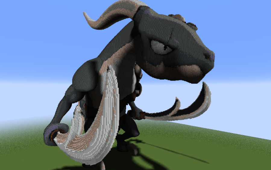 Massive Dark Cornian statue in Minecraft holding a giant curved blade