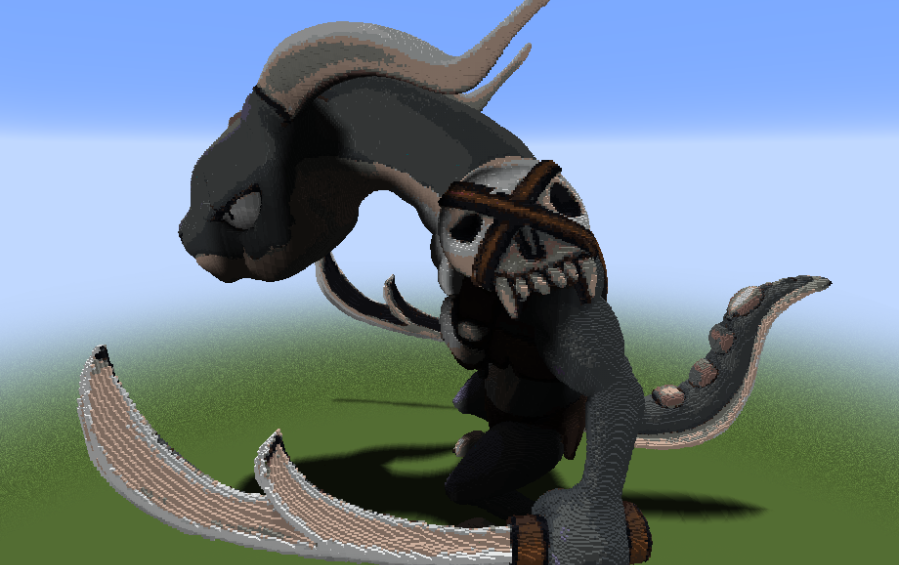 Massive Dark Cornian monster build holding a giant curved blade and skull shield