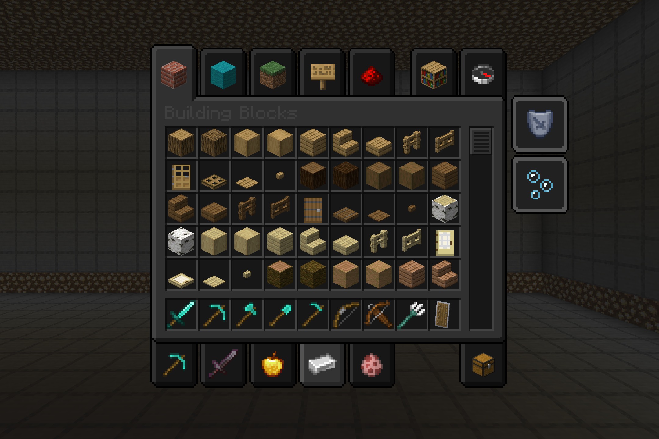 Dark Mode GUI - Heycronus Resource Pack Screenshot 1 Dark Mode GUI applied to the creative inventory menu showing various building blocks