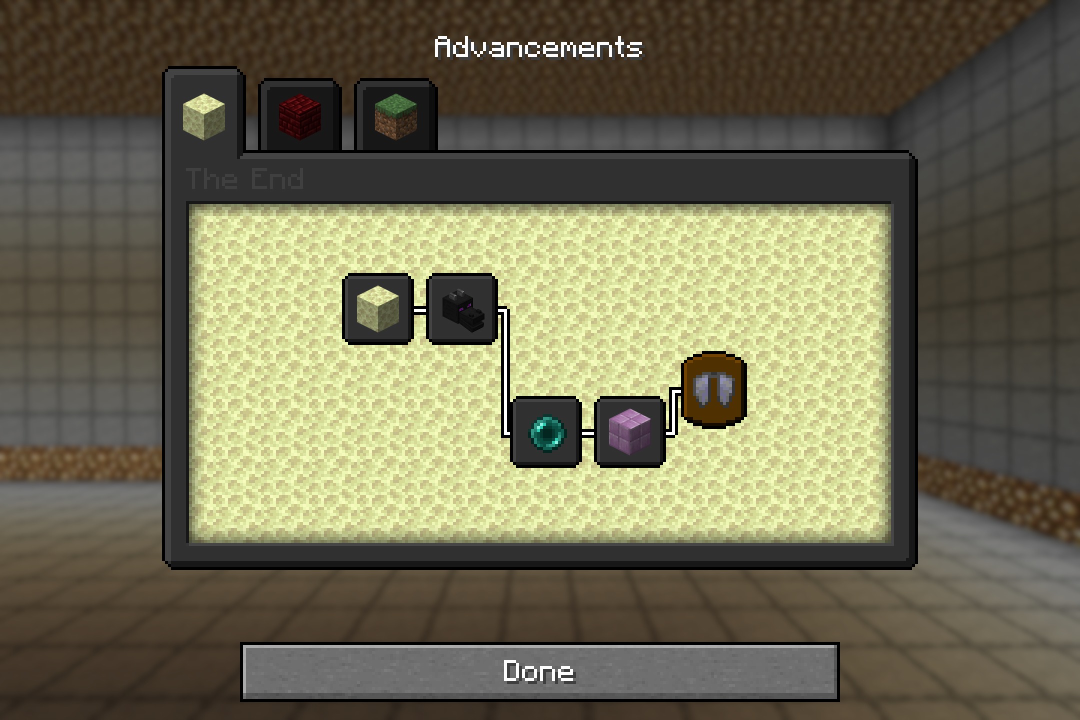 Dark Mode GUI - Heycronus Resource Pack Screenshot 2 The End advancements screen with a dark interface displaying several game progress icons