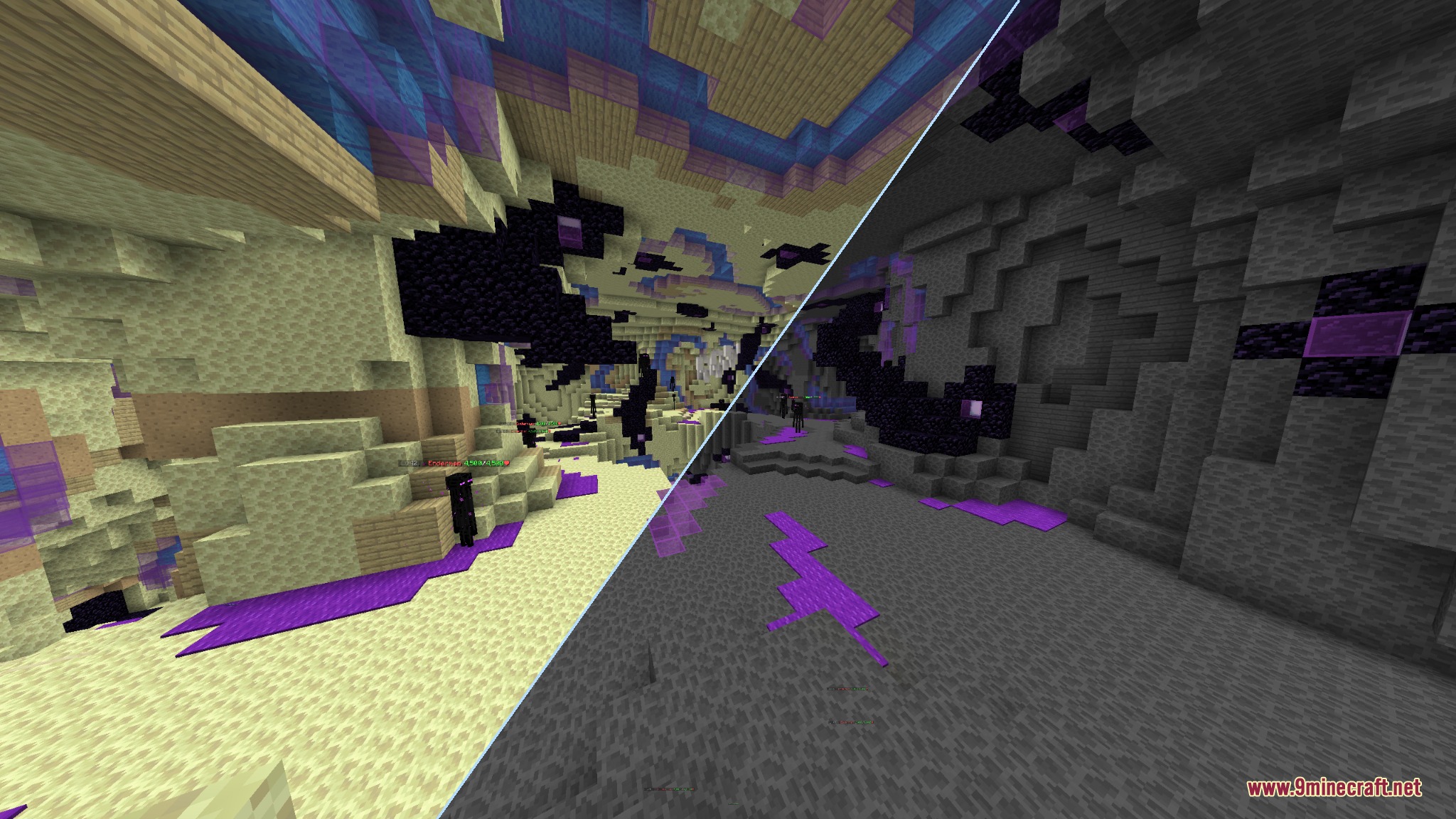 Dark Mode Skyblock Resource Pack Screenshot 1 Split screen showing darkened textures for the End island and obsidian blocks