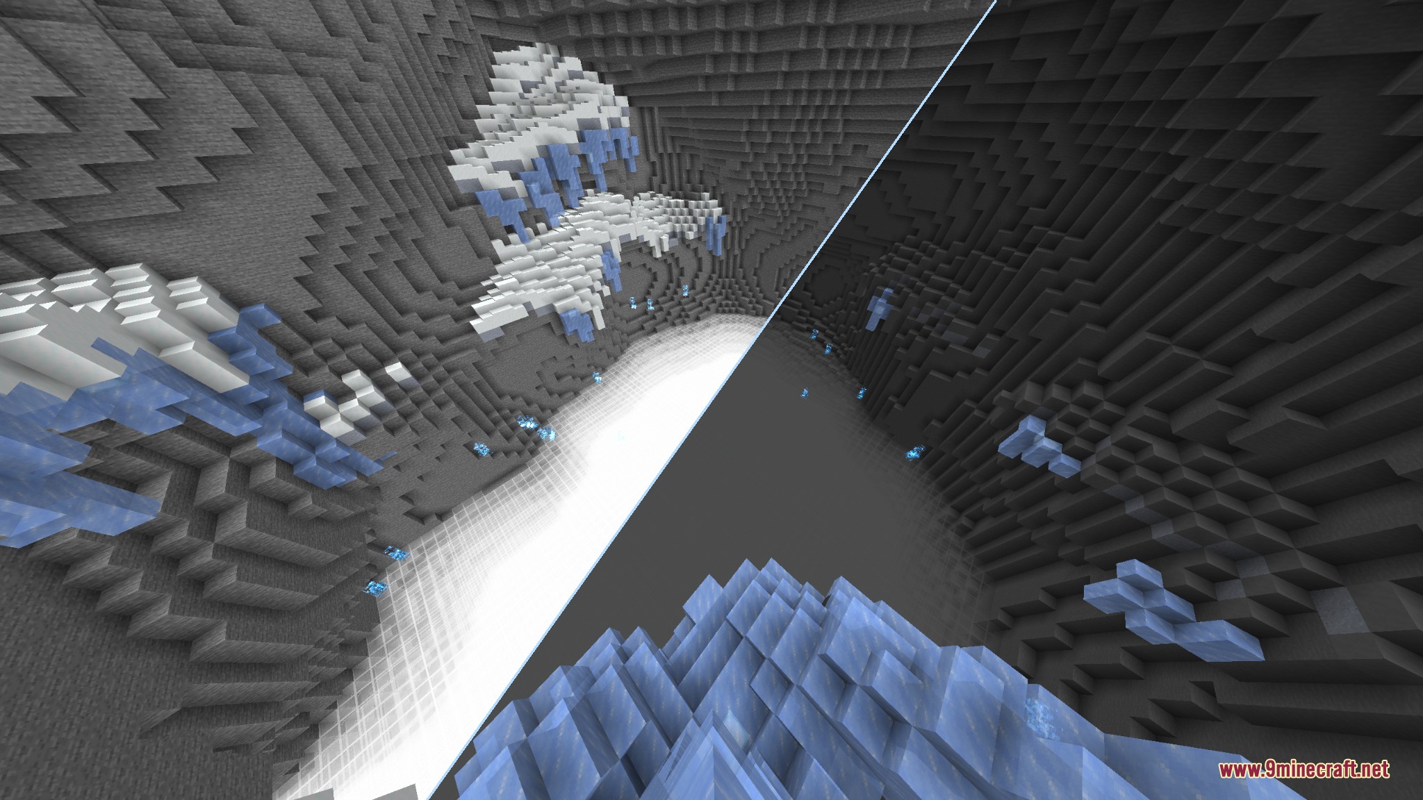 Dark Mode Skyblock Resource Pack Screenshot 2 Split screen comparison of darkened ice and stone textures in a cave