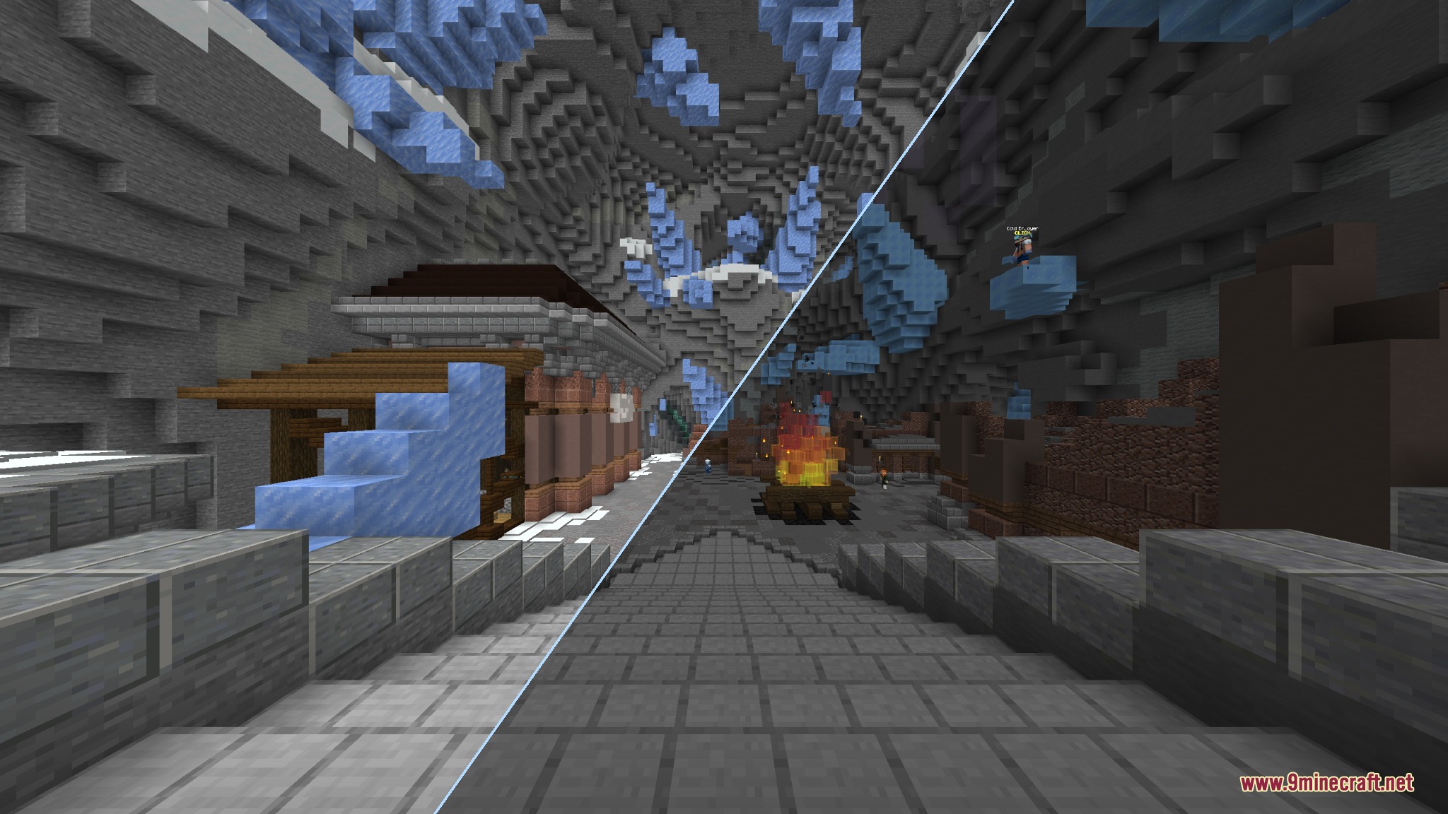 Dark Mode Skyblock Resource Pack Screenshot 3 Split screen comparison showing bright and dark textures in the Dwarven Mines