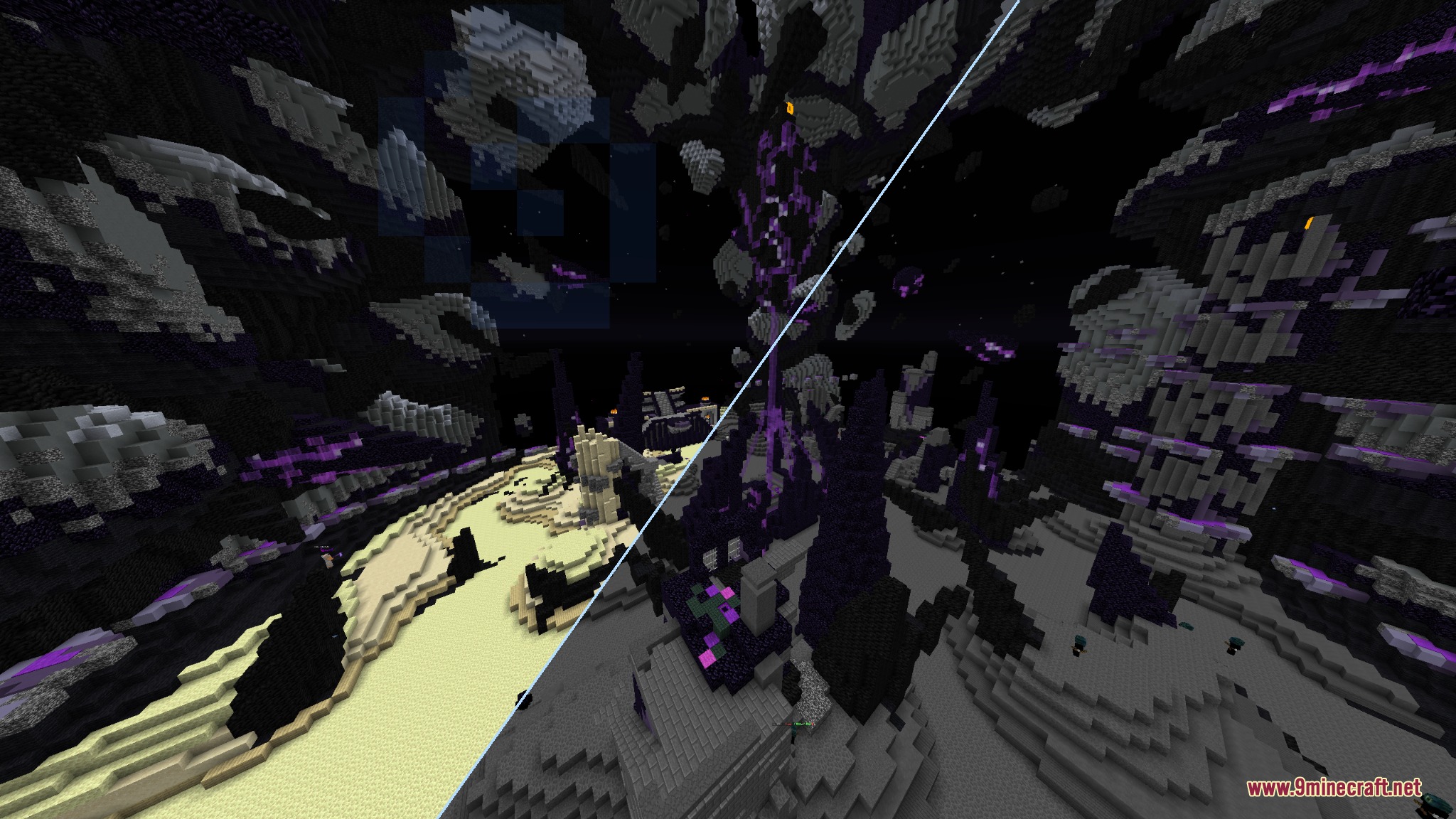 Dark Mode Skyblock Resource Pack Screenshot 4 Comparison of bright and dark block textures in the purple End dimension
