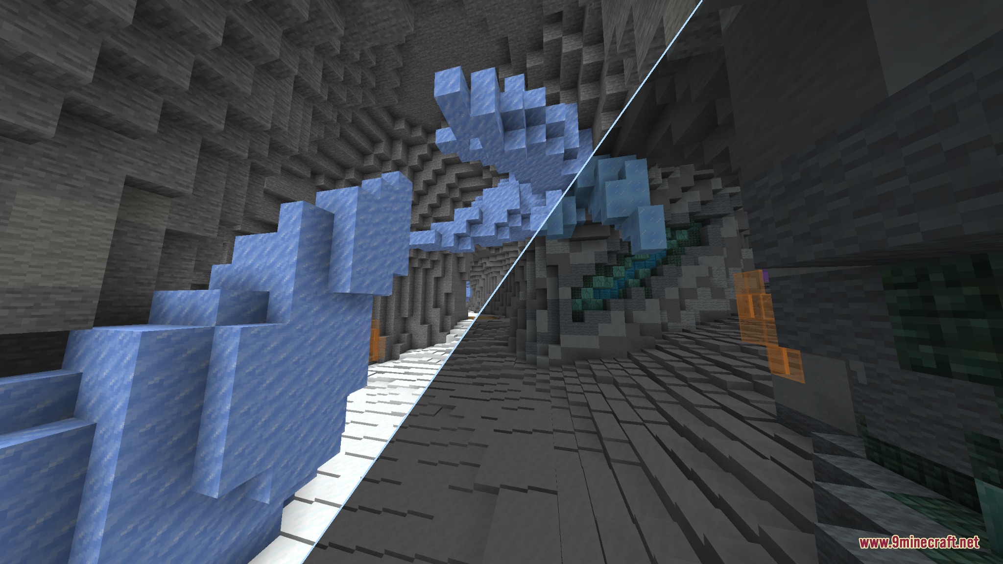 Dark Mode Skyblock Resource Pack Screenshot 5 A split screen comparison showing darkened ice blocks inside a stone cave