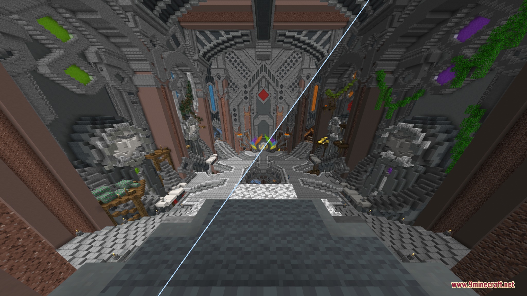 Dark Mode Skyblock Resource Pack Screenshot 6 Split screen view showing darkened textures in a large underground stone hall
