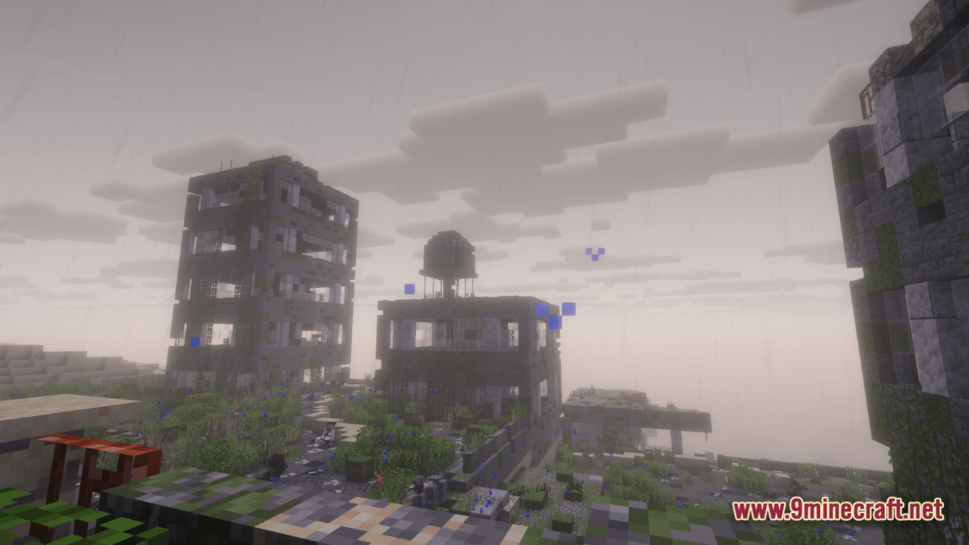 Deadbolt Tactical Survival Modpack Screenshot 10 Overgrown concrete ruins and abandoned apartment buildings stand under a thick, foggy gray sky during rainfall