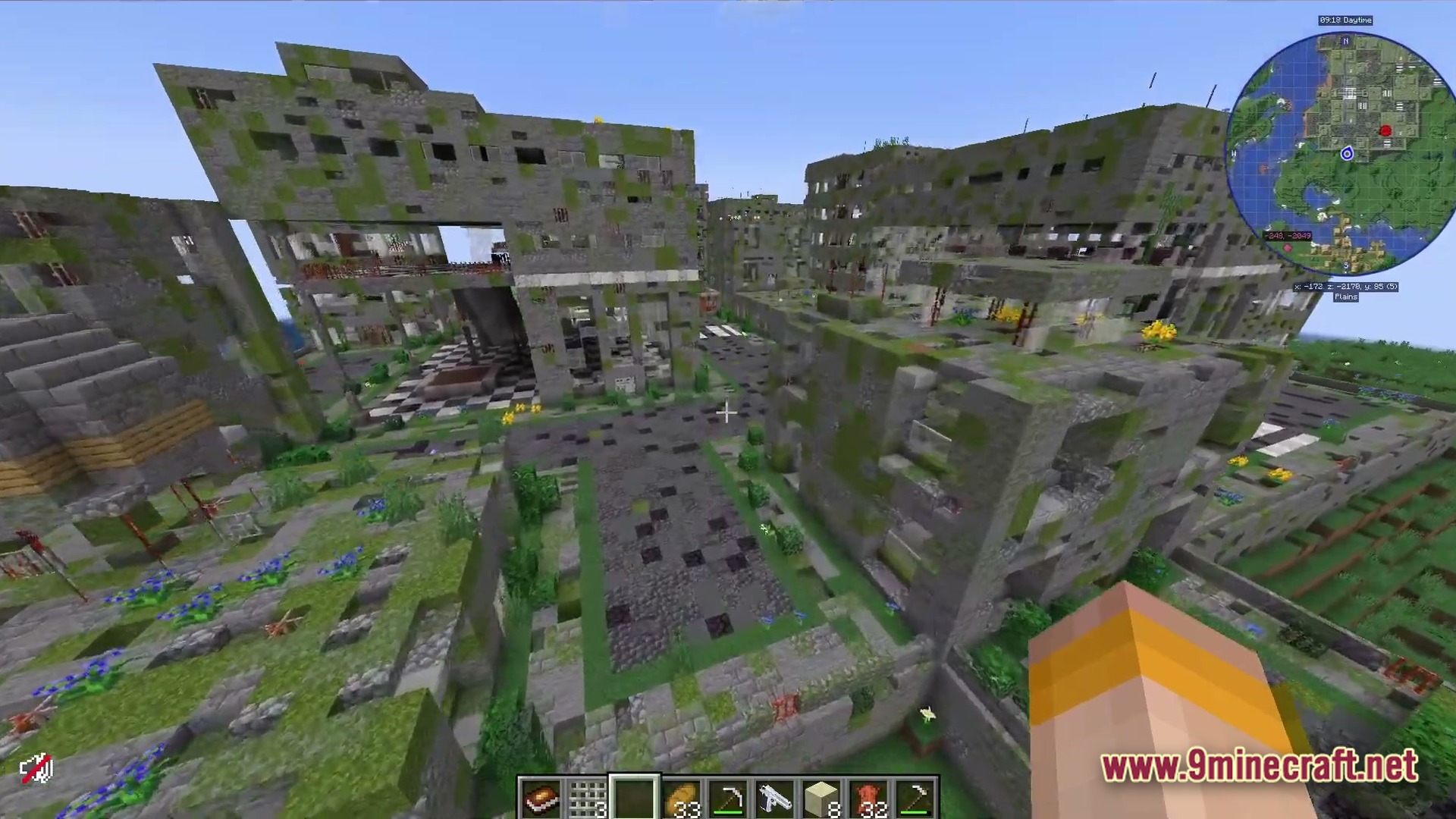 Deadbolt Tactical Survival Modpack Screenshot 3 Overgrown stone ruins of a post-apocalyptic city with crumbling buildings and mossy streets