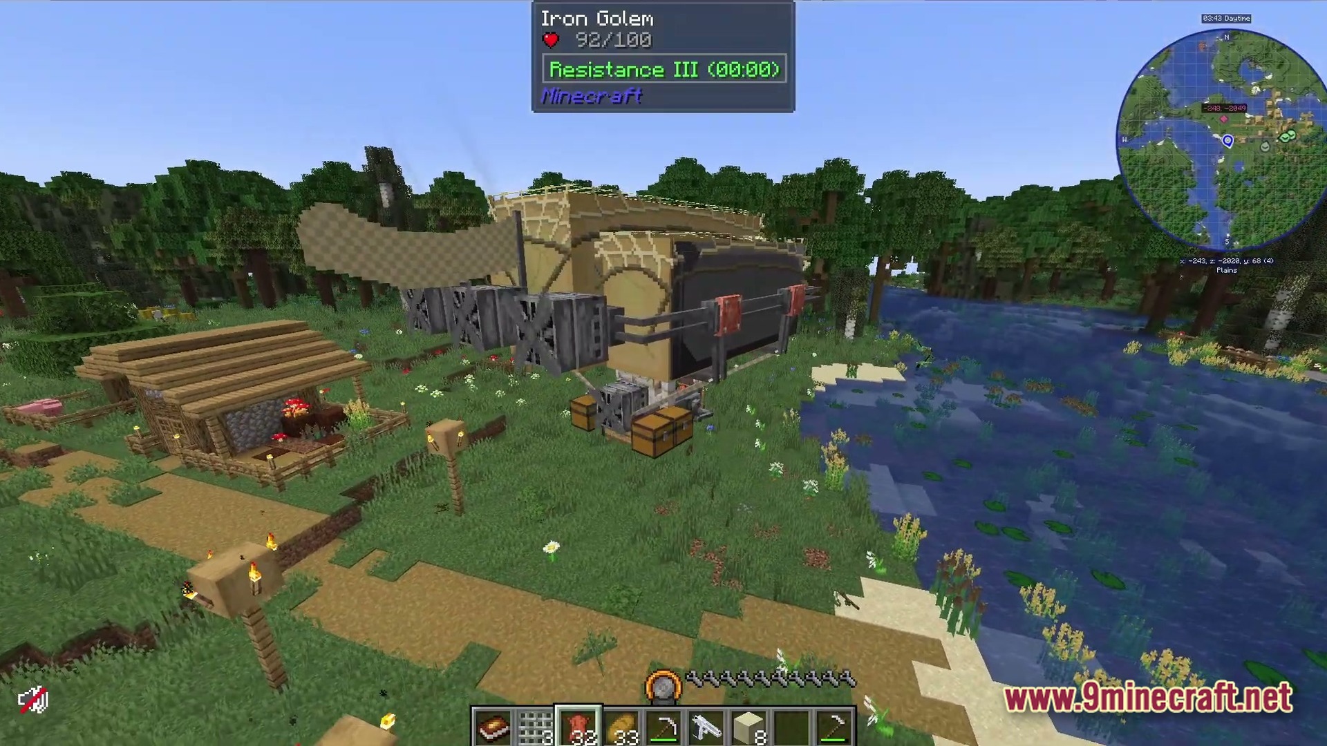 Deadbolt Tactical Survival Modpack Screenshot 4 A large steampunk airship hovers over a grassy riverbank near a small wooden village structure