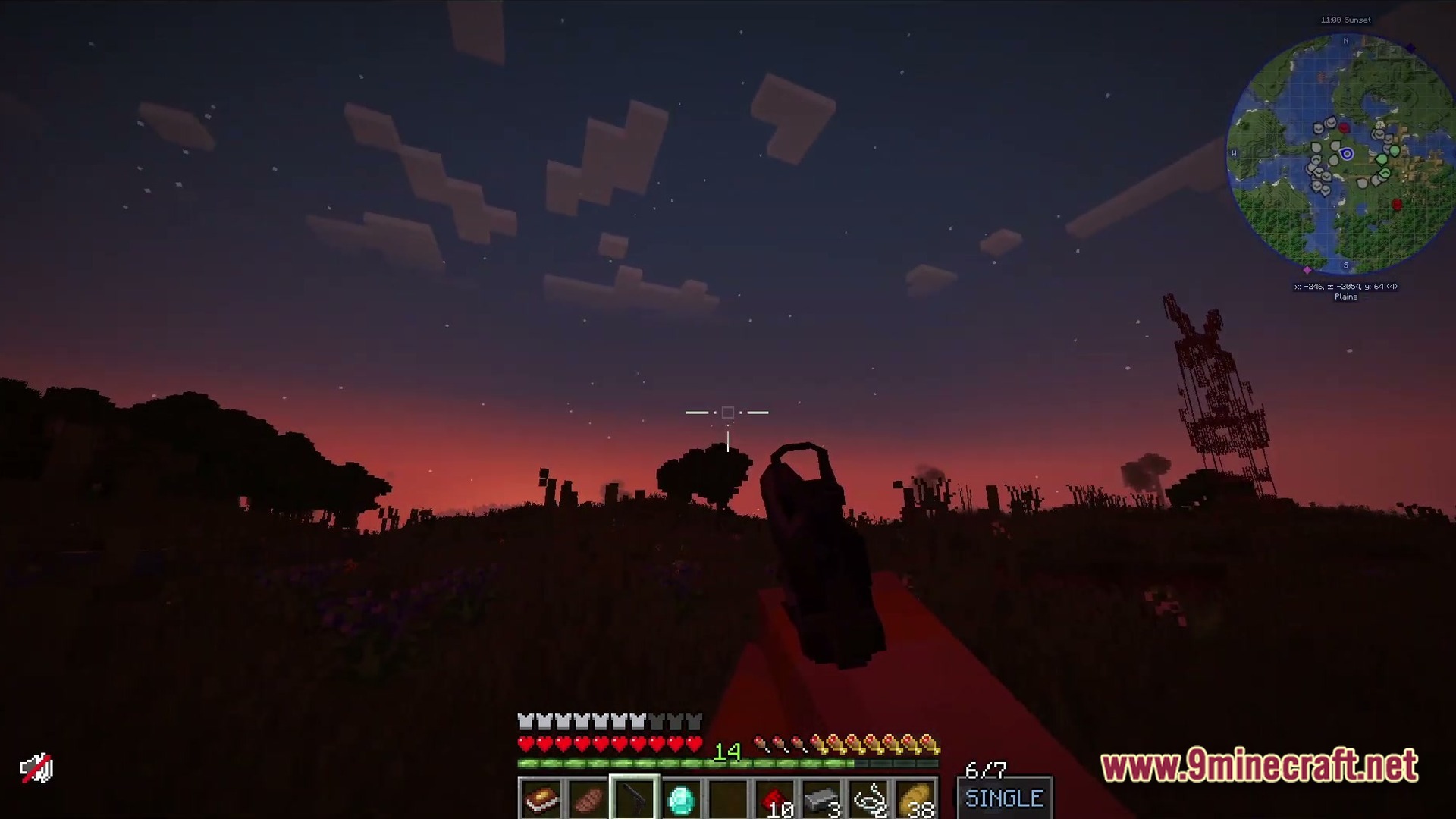 Deadbolt Tactical Survival Modpack Screenshot 5 A player holds a firearm at sunset in a plains biome with a radio tower nearby