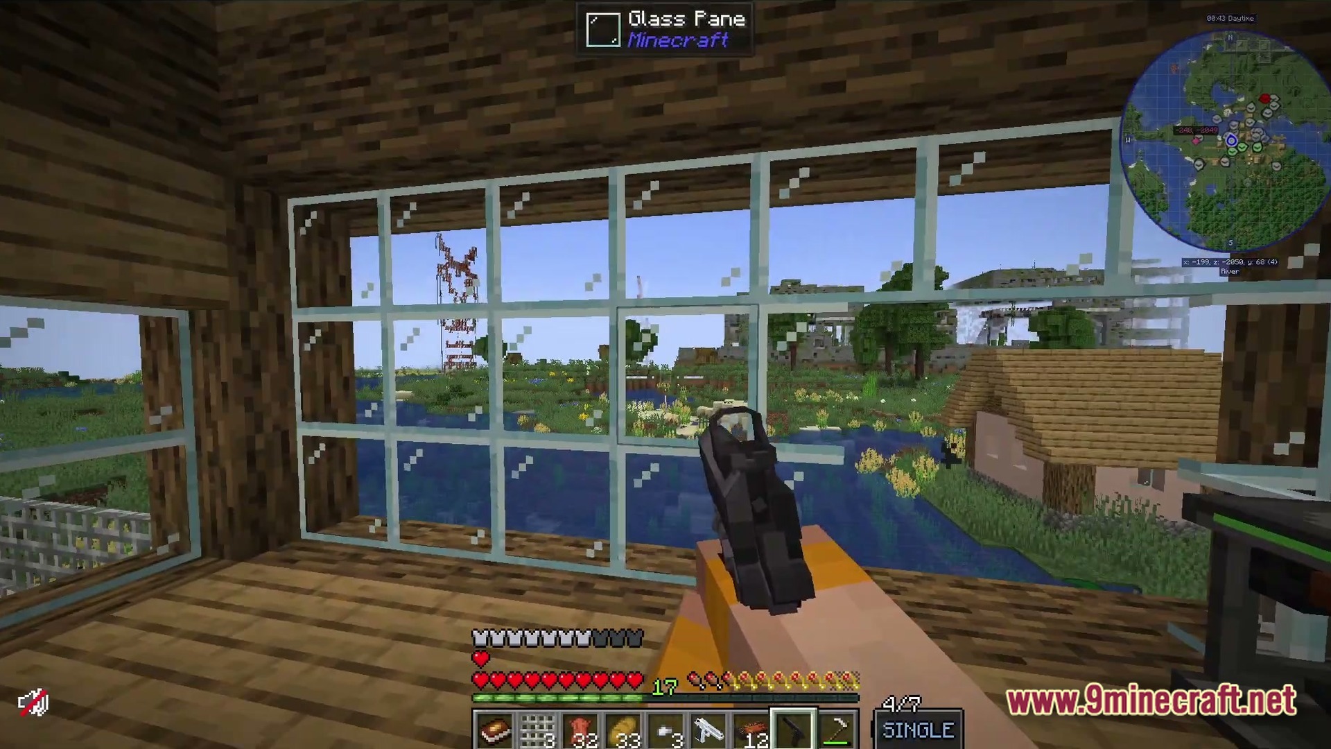 Deadbolt Tactical Survival Modpack Screenshot 6 A player holds a handgun while looking through a window at a river and distant structures