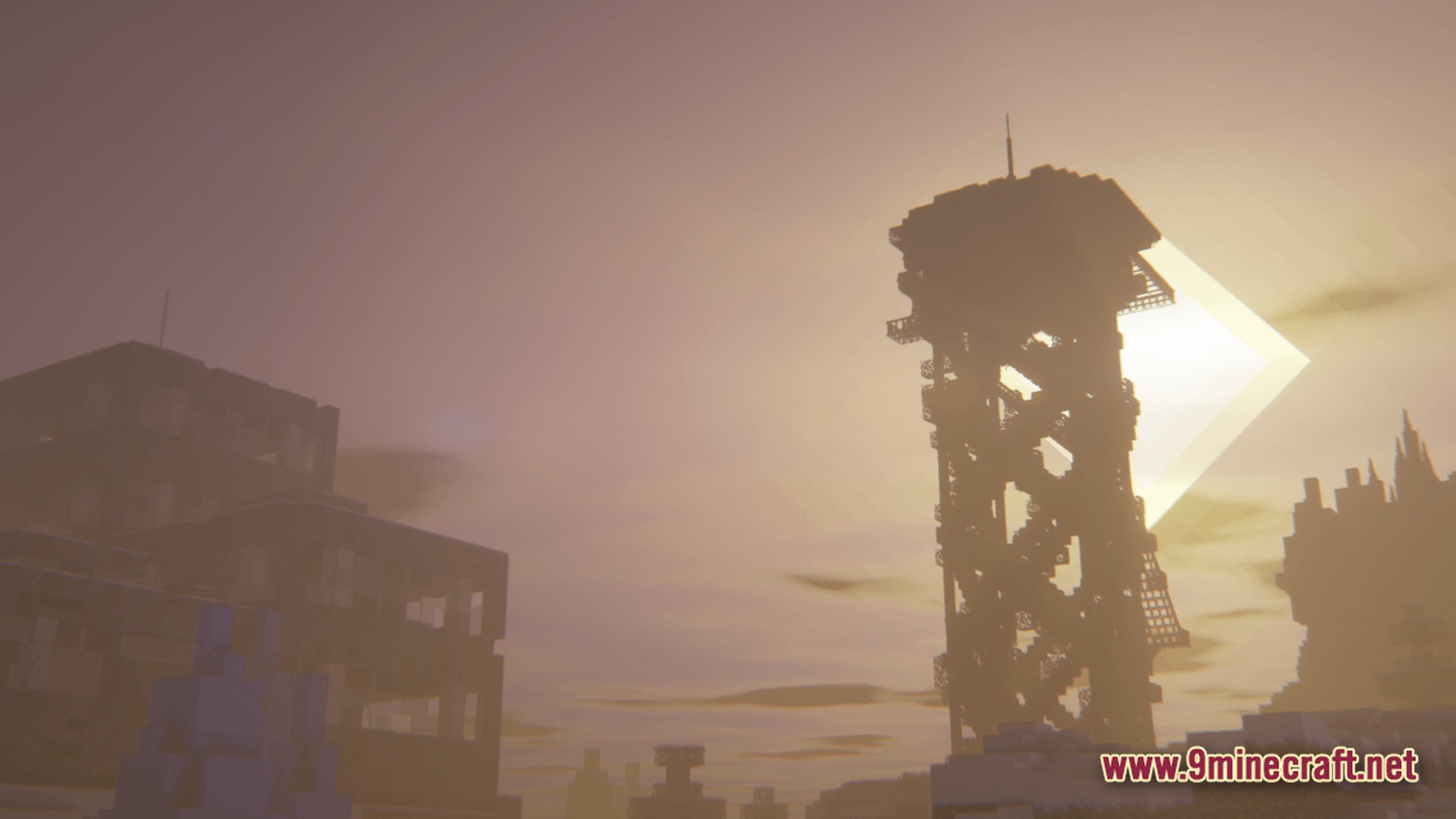 Deadbolt Tactical Survival Modpack Screenshot 8 A silhouetted radio tower and abandoned buildings stand against a hazy, sunlit post-apocalyptic sky