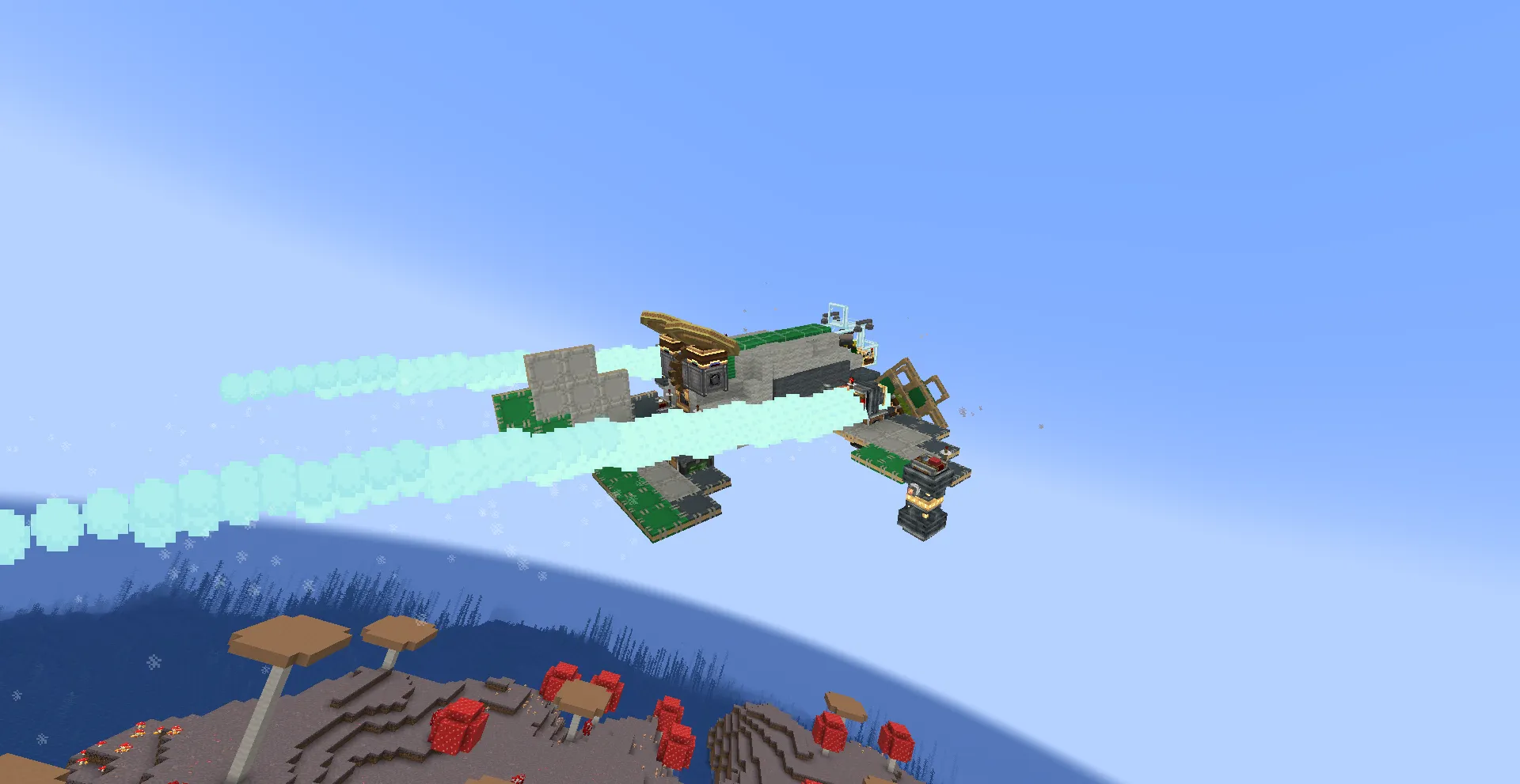 Deathroll Extreme Stunt Plane Schematic Screenshots 2 Stunt plane flying over a mushroom biome with bright blue particle trails