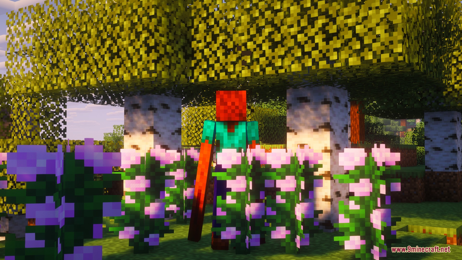 Decade of the Damned Mod Screenshot 4 The tall entity stands among birch trees and vibrant pink flowers