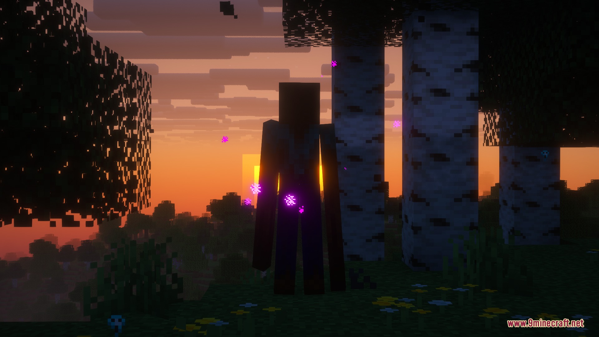 Decade of the Damned Mod Screenshot 5 A tall dark figure stands among birch trees during a vibrant sunset