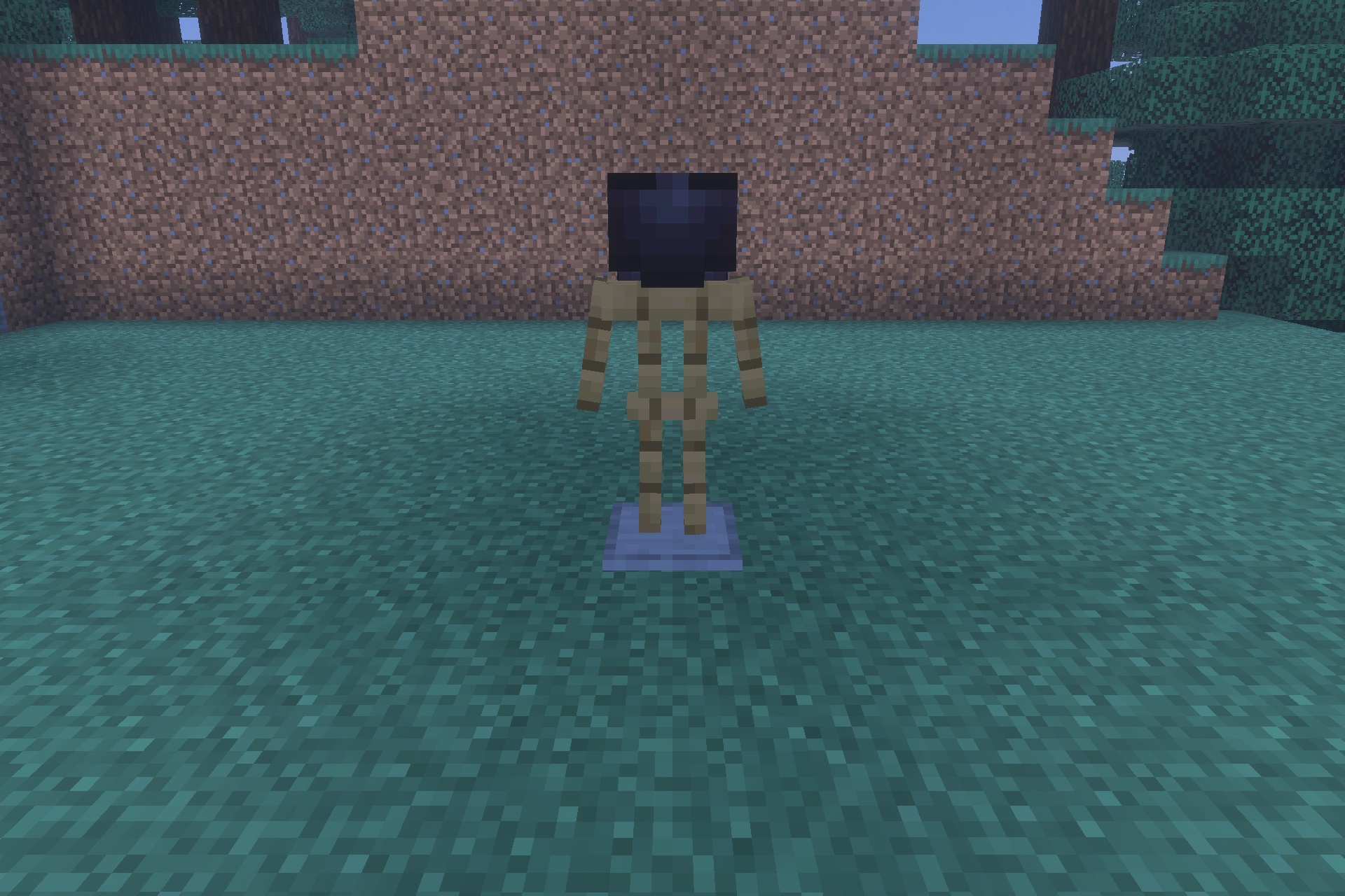 Decayed Reality V2.1 - Wither Storm Replica Addon Screenshot 1 A wooden armor stand wearing a dark helmet in front of dirt blocks