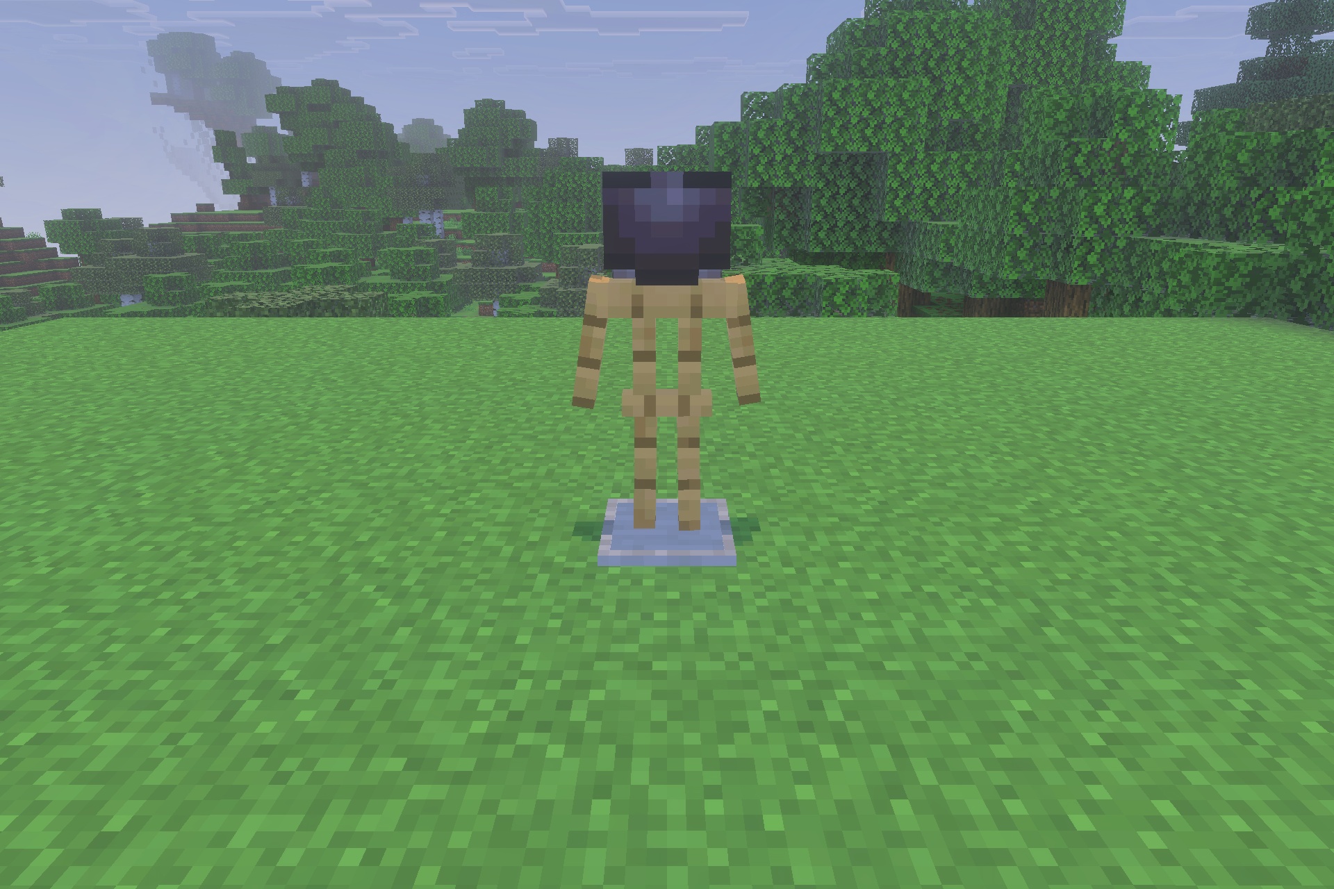 Decayed Reality V2.1 - Wither Storm Replica Addon Screenshot 2 A wooden armor stand wearing a dark helmet in a bright grassy field