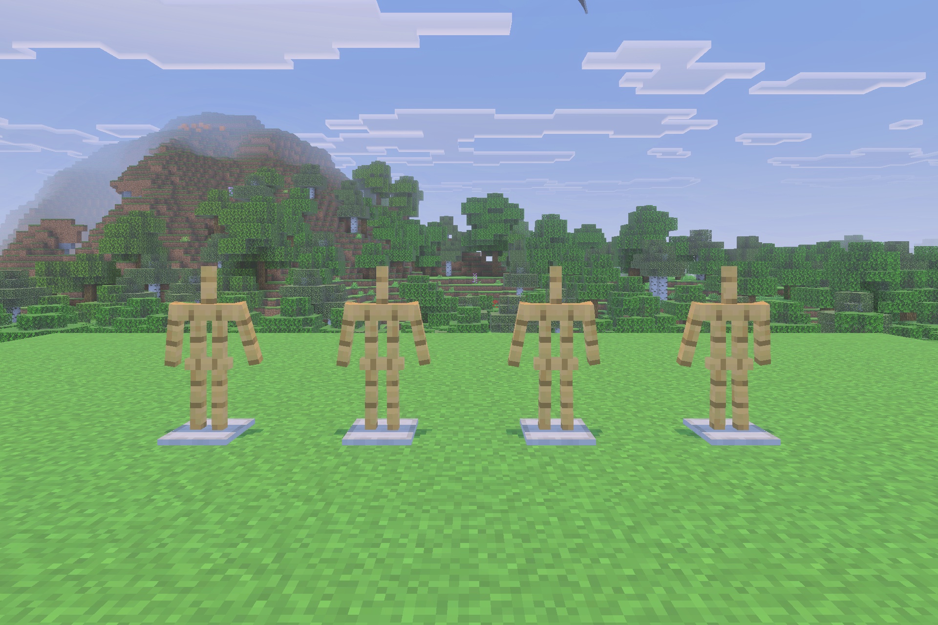 Decayed Reality V2.1 - Wither Storm Replica Addon Screenshot 4 Four empty armor stands placed in a row on a grass field