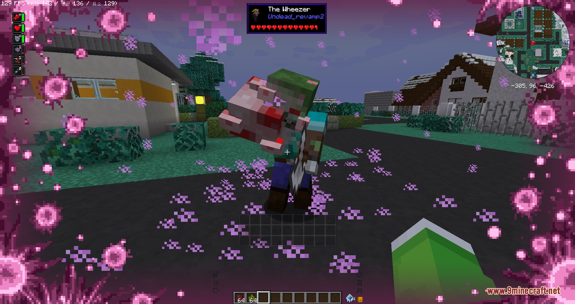 A zombie stands in a snowy neighborhood with pink screen overlay effects