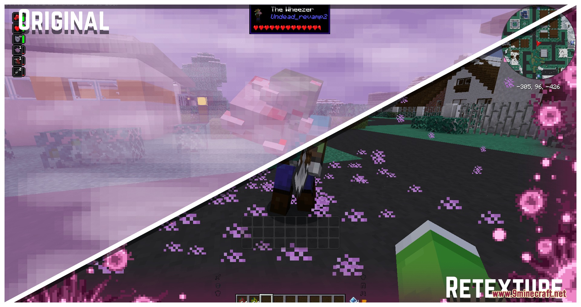 Split screen comparison showing reduced purple fog effects for better visibility