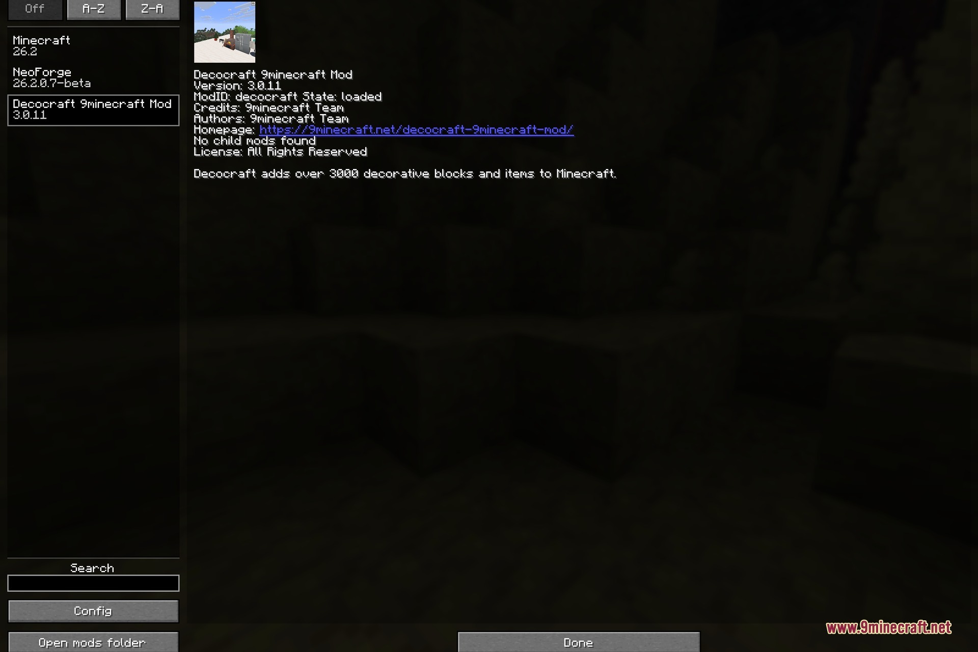 Decocraft 9minecraft Mod Screenshot 1 A screenshot showing the Decocraft mod information in the Minecraft menu