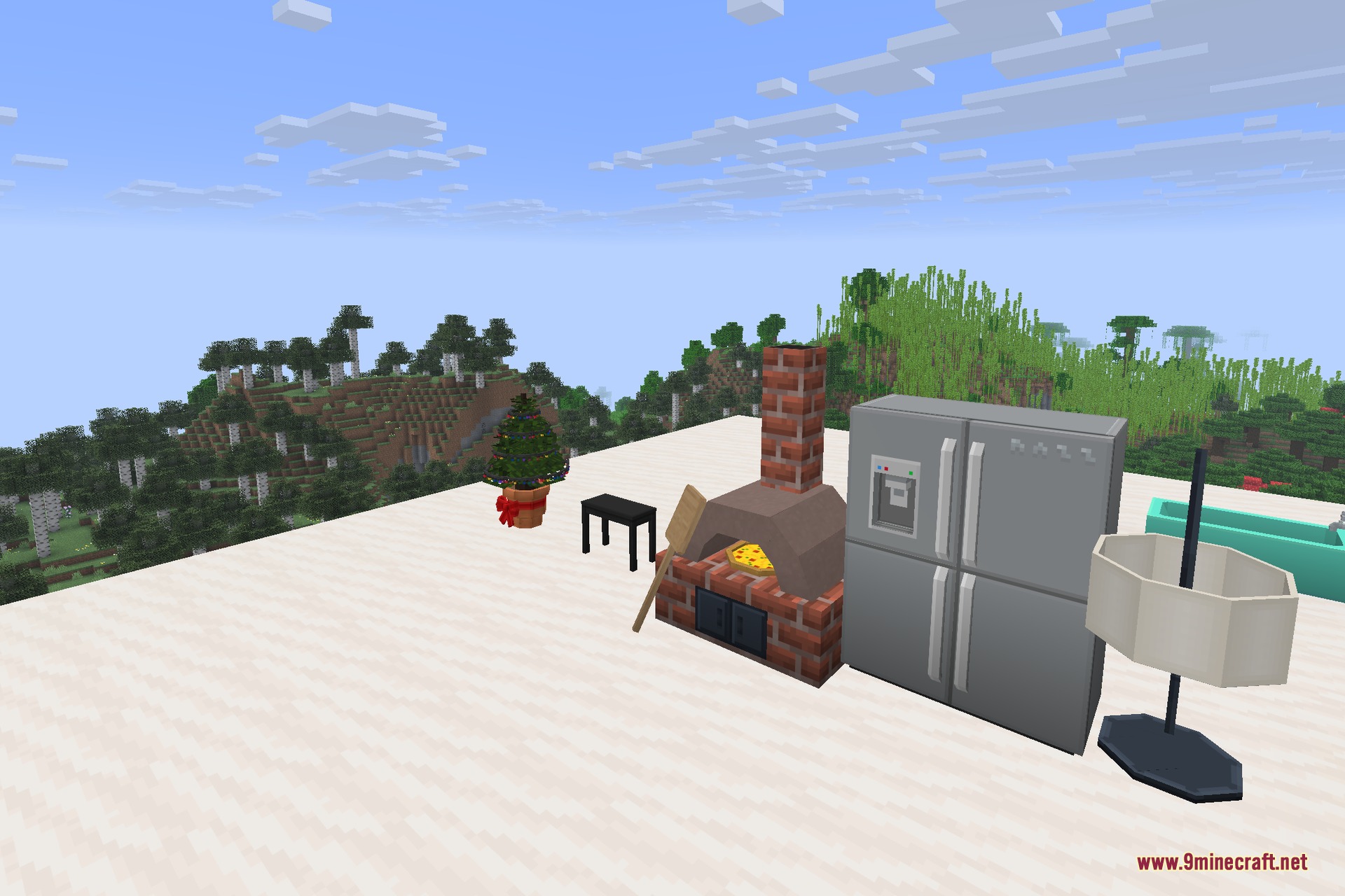 Decocraft 9minecraft Mod Screenshot 2 Decorative furniture items like a refrigerator and pizza oven placed in Minecraft