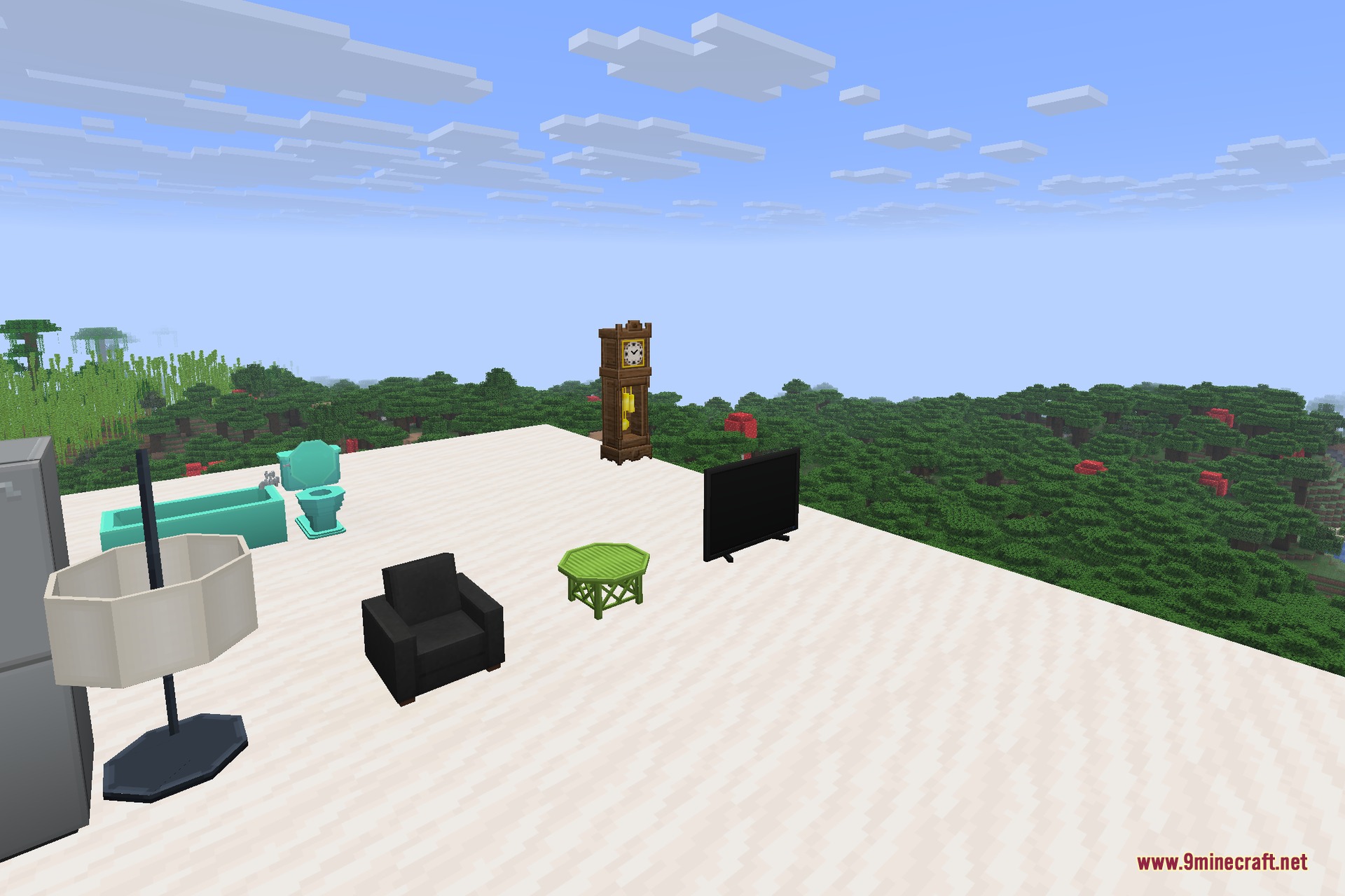 Decocraft 9minecraft Mod Screenshot 3 Furniture pieces including a bathtub and grandfather clock displayed on a white platform