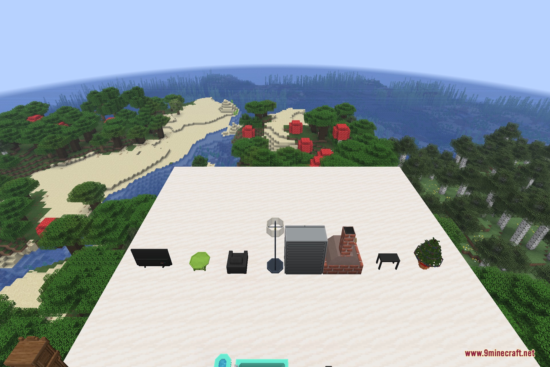 Decocraft 9minecraft Mod Screenshot 4 A row of decorative items including a fireplace and television on white blocks
