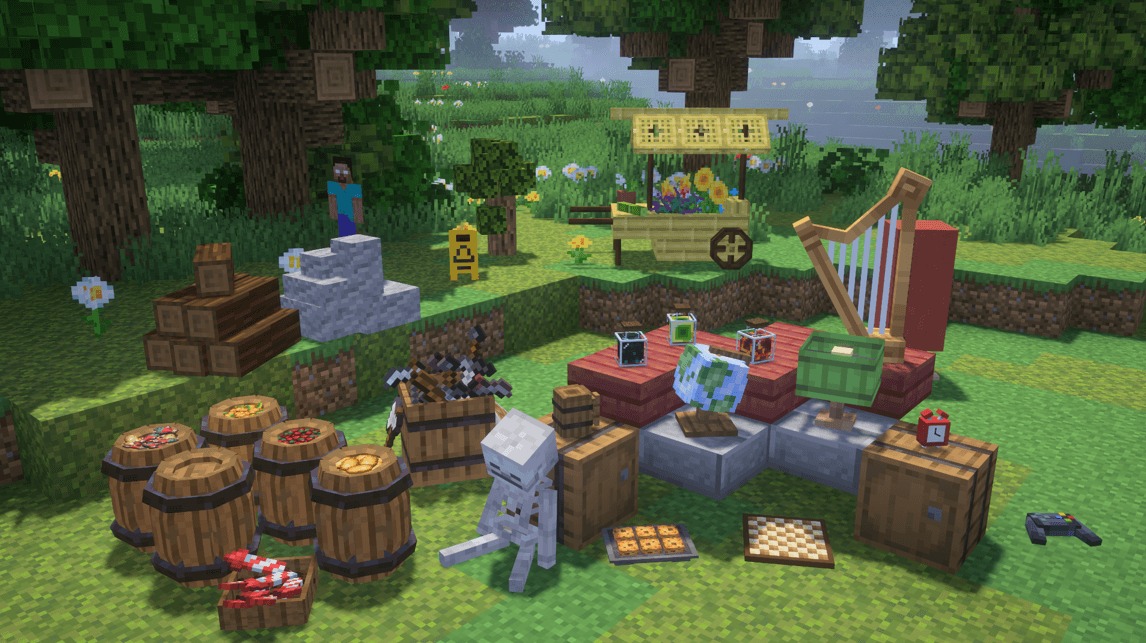 Decorations Plus Data Pack Screenshot 1 Various decorative items like food barrels and a harp placed in a field