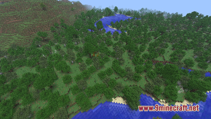 Default Beta Resource Pack Screenshot 2 Aerial view of a classic Minecraft forest biome with a small blue river